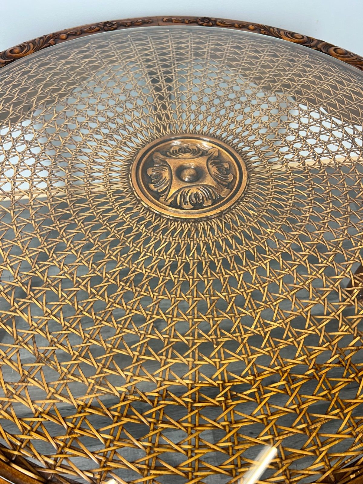 Coffee Table Round Vintage French Glass Top Ornate Cane Louis XIV Style Lot 3941 photo 449.0