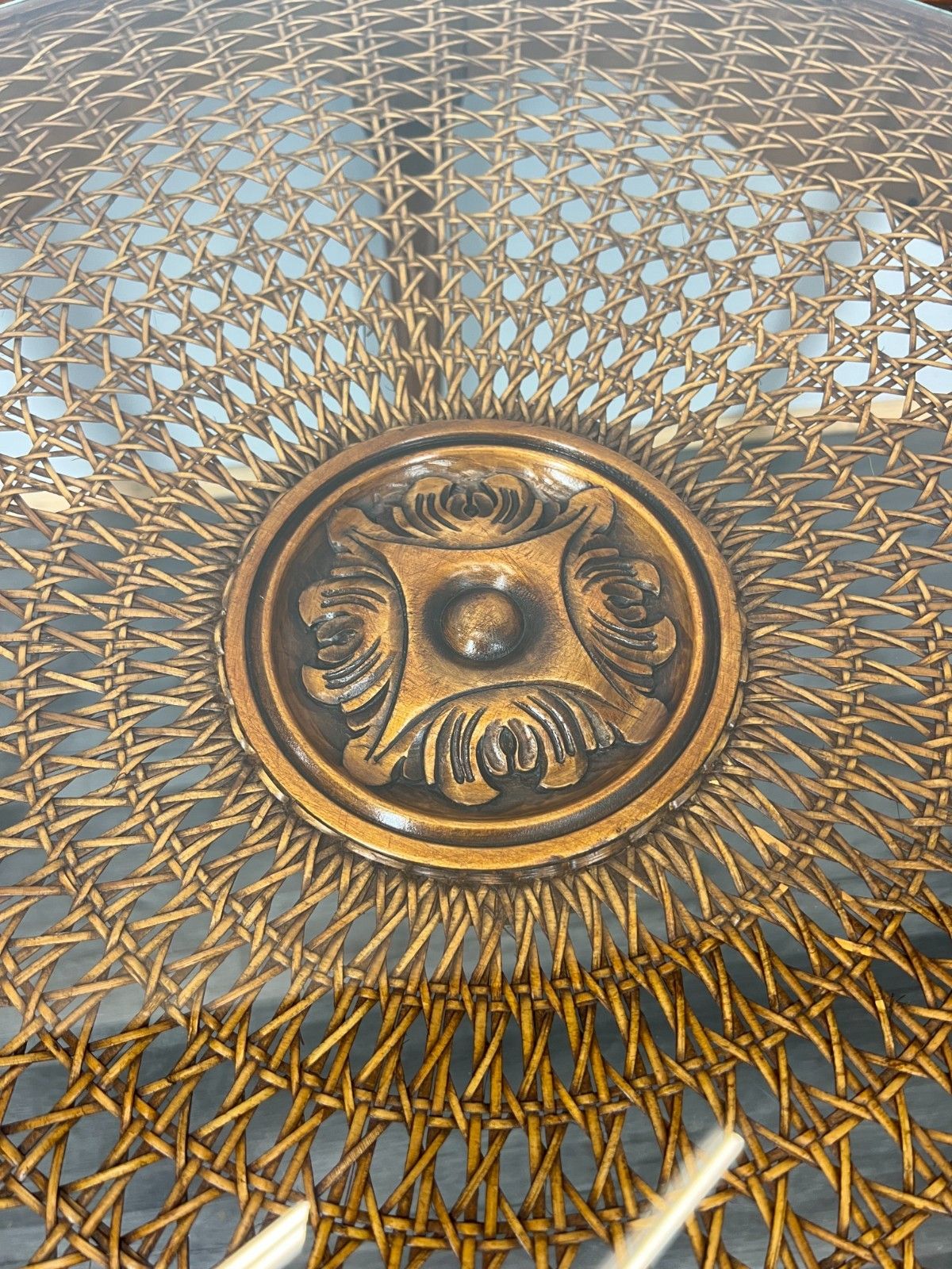 Coffee Table Round Vintage French Glass Top Ornate Cane Louis XIV Style Lot 3941 photo vinterior