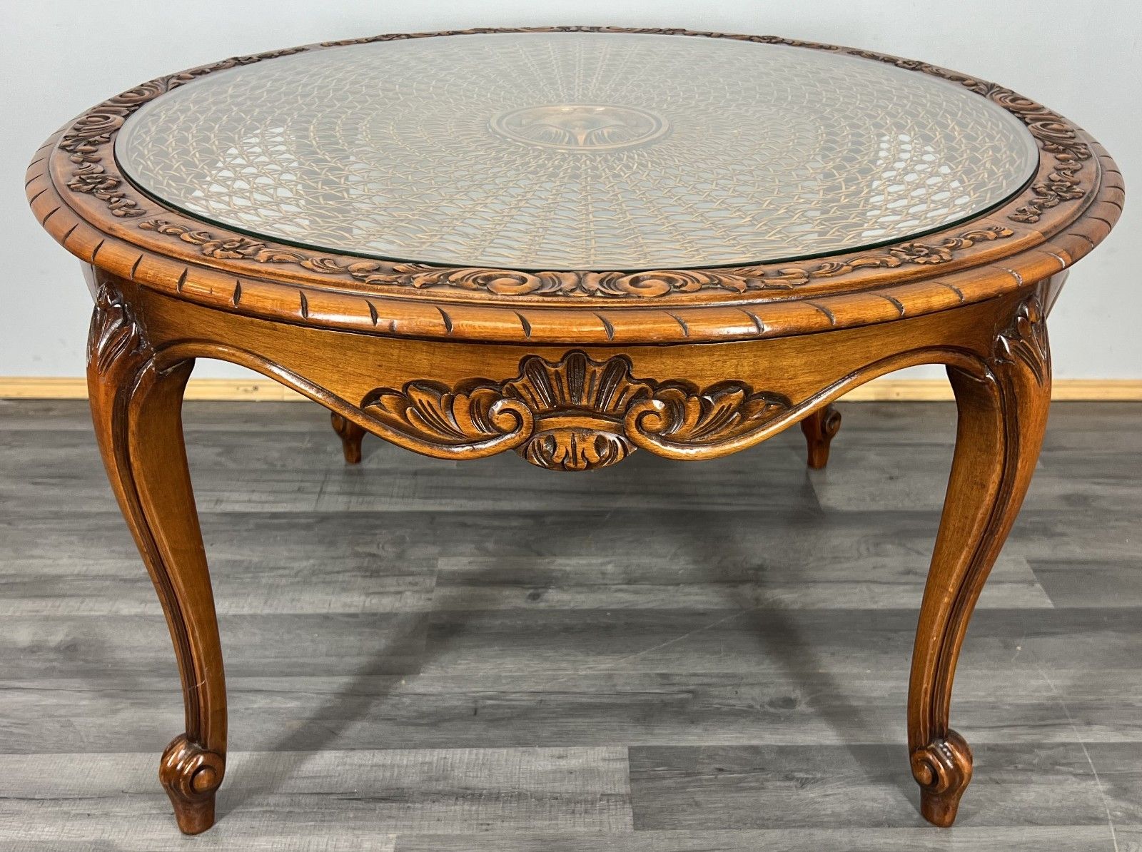 Coffee Table Round Vintage French Glass Top Ornate Cane Louis XIV Style Lot 3941 photo vintage