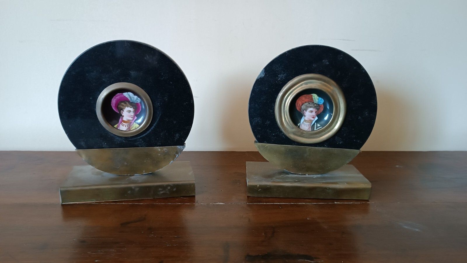 Pair Of Miniatures Painted On Marble Frame 1920s France