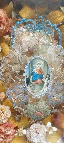 Large Devotional Teak 19th Century Italy Flowers And Beads Madonna Del Rosario photo for sale