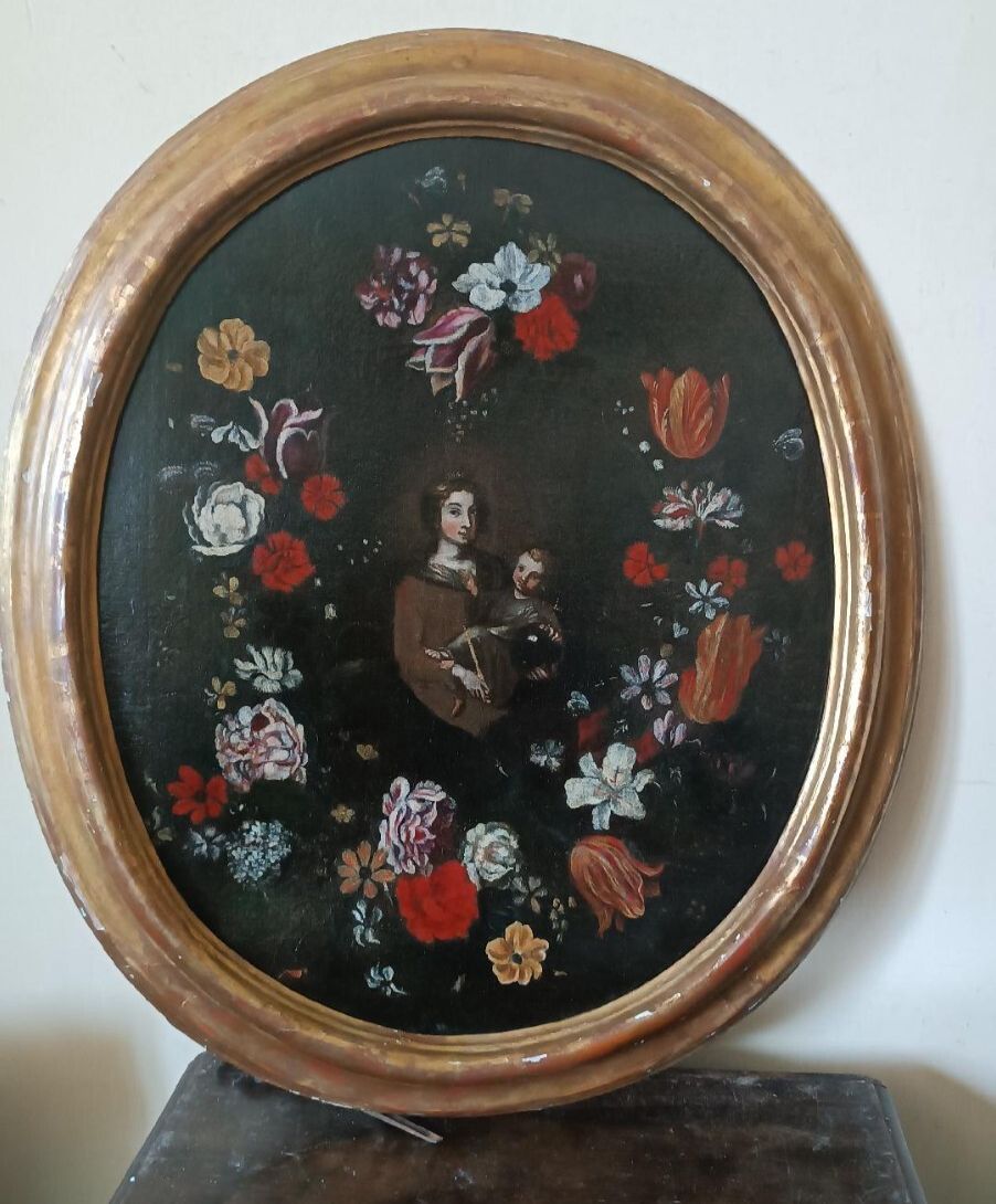 Oil On Antique Canvas, Italian School, Madonna With Child On Garland Of Flowers
