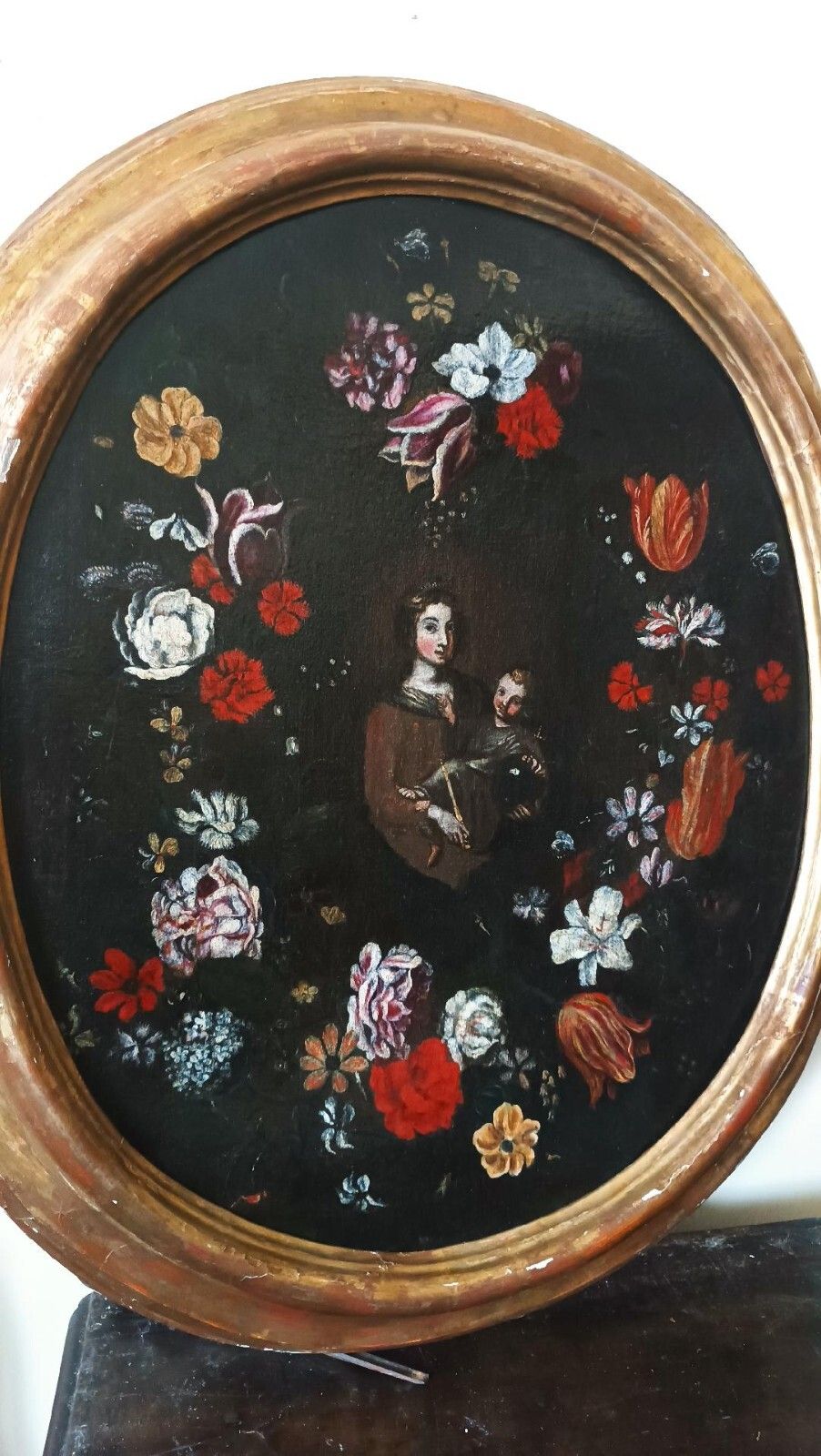 Oil On Antique Canvas, Italian School, Madonna With Child On Garland Of Flowers photo Art