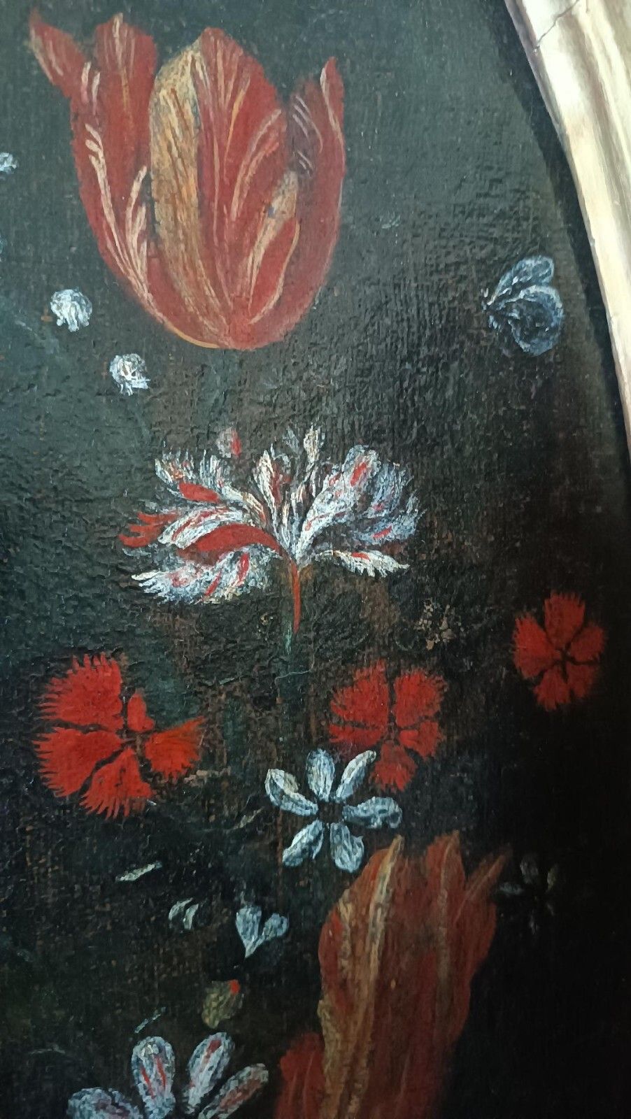 Oil On Antique Canvas, Italian School, Madonna With Child On Garland Of Flowers photo vintage