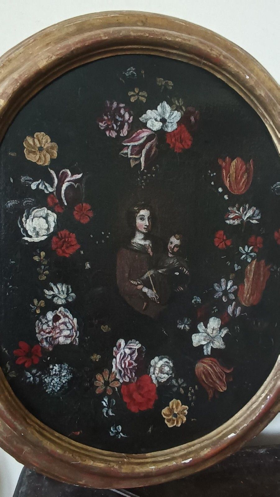 photo for sale Oil On Antique Canvas, Italian School, Madonna With Child On Garland Of Flowers