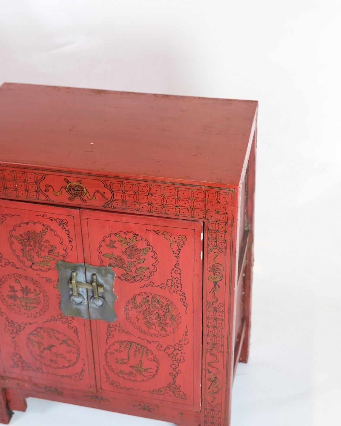 Antique Chinese Cabinet Original Painted In Red With Pattern & Brass Fittings From 1920s photo Furniture