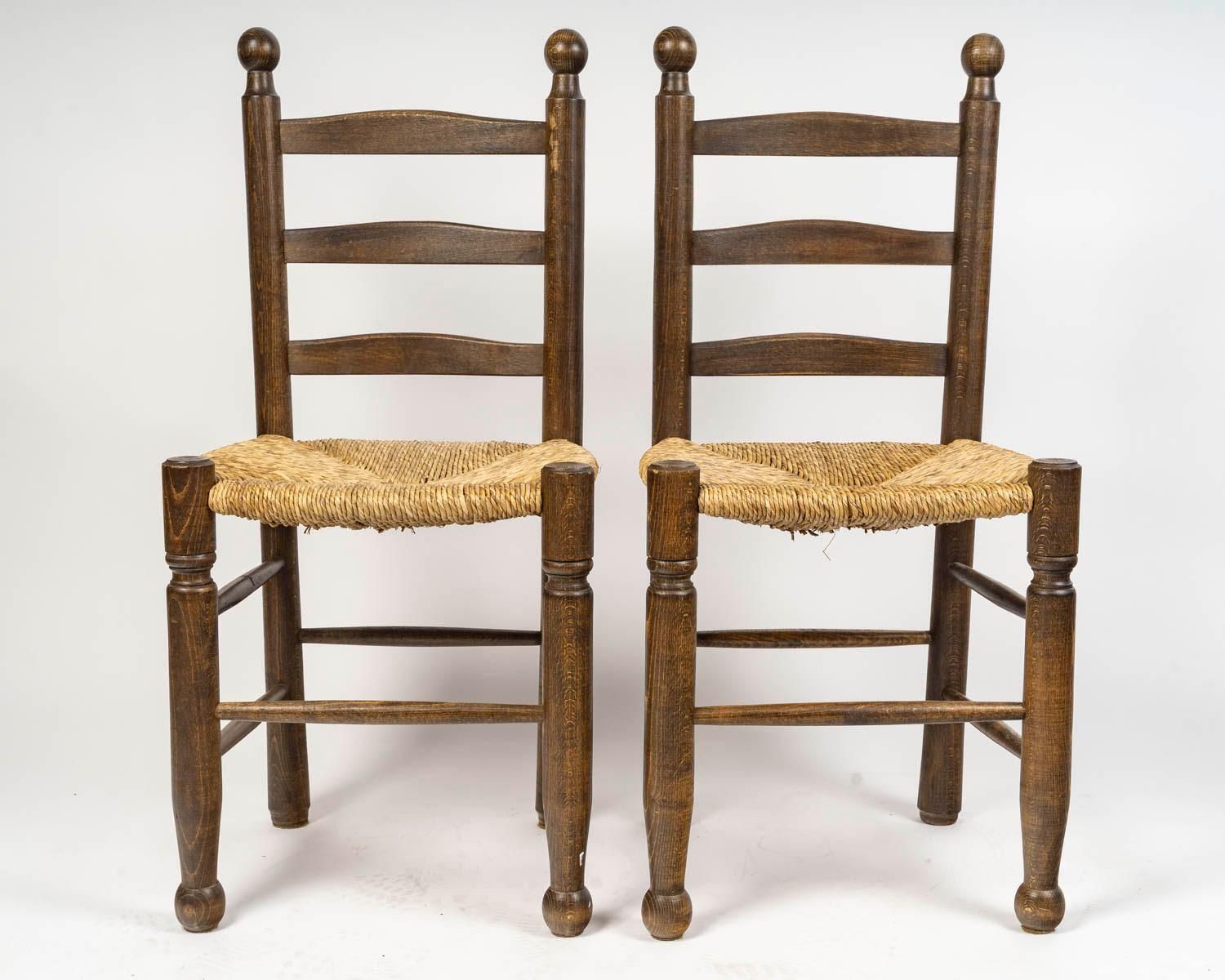 Set Of Six Charles Dudouyt Dining Chairs In Wood And Cane, 20th Century. photo for sale