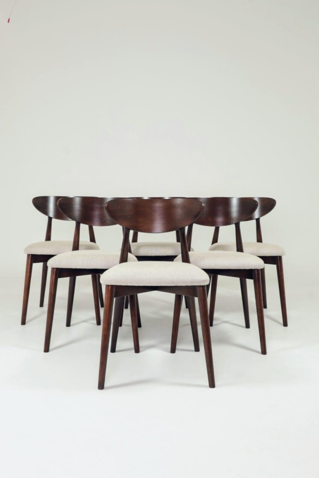 photo furniture Dining Chairs Set Of 6 , Dark Walnut Herringbone Beige Upholstery, Natural Design