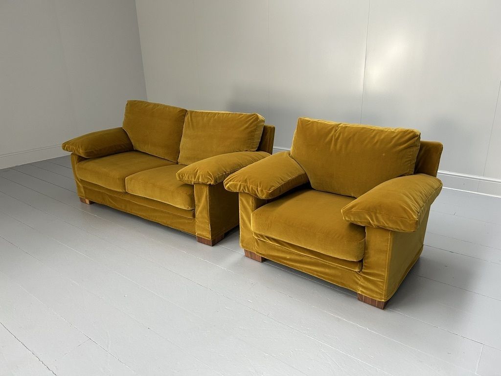 Flexform “Cushion Arm” 2.5 Seat Sofa & Armchair – In Mustard Gold Velvet photo for sale