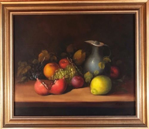 Oil Painting Fruit Still Life Portrait Of Grapes Apples Lemon Jug photo vinterior