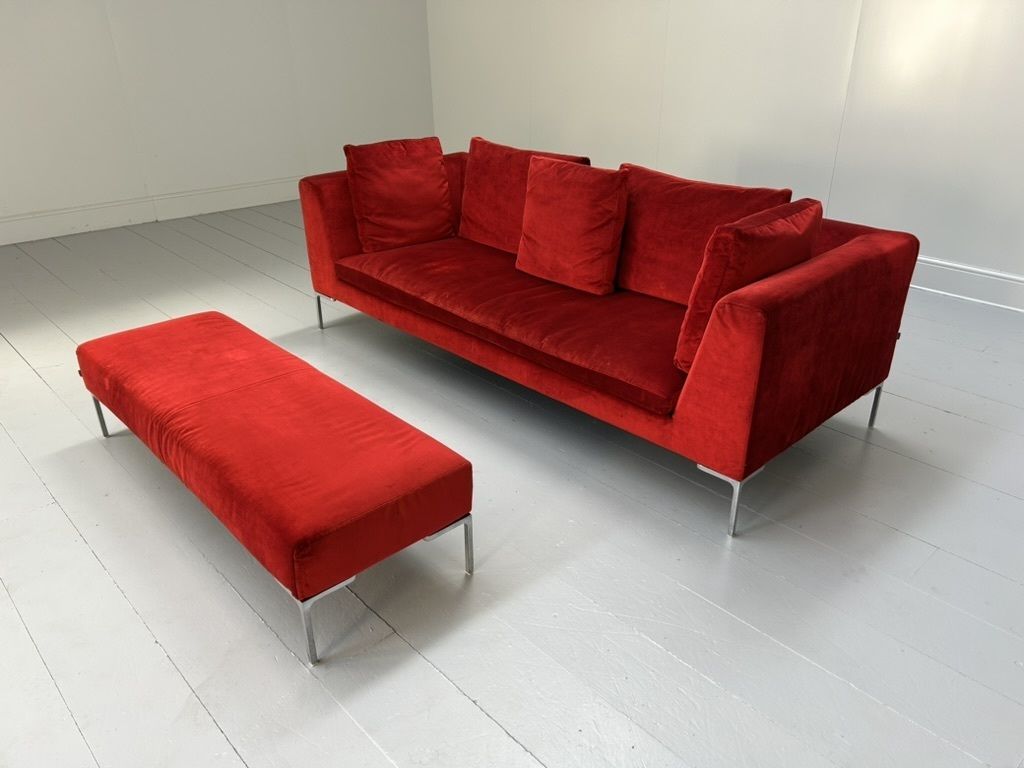 B&B Italia “Charles Ch230” Sofa & “Ch150p” Bench Ottoman – In Red Velvet