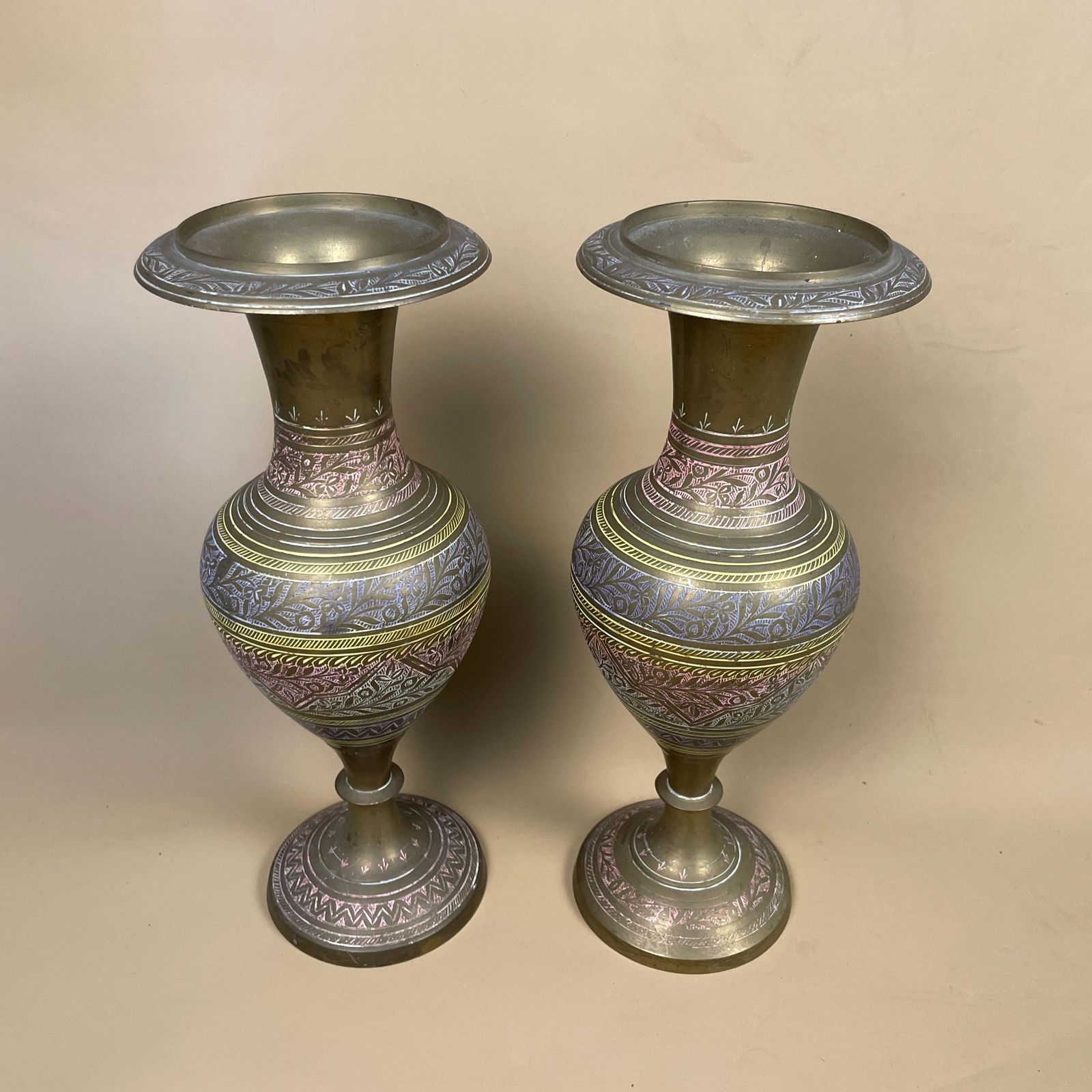 Pair Of Antique Metal Gold Indian Patterned Brass Plant Pot Vase Jardiniere Handmade Engraved Etched Intricate Vintage Decorative Asian