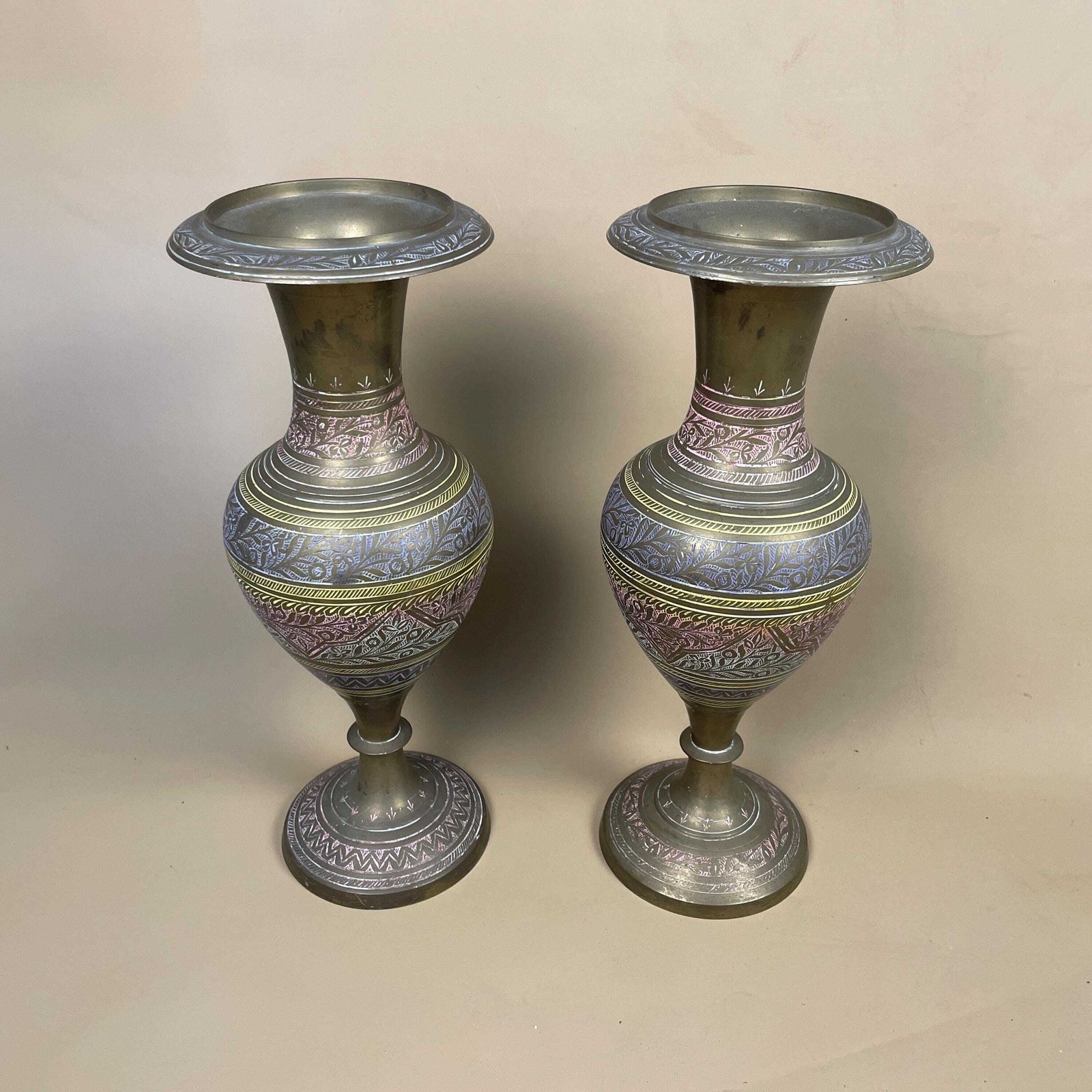 Pair Of Antique Metal Gold Indian Patterned Brass Plant Pot Vase Jardiniere Handmade Engraved Etched Intricate Vintage Decorative Asian photo for sale