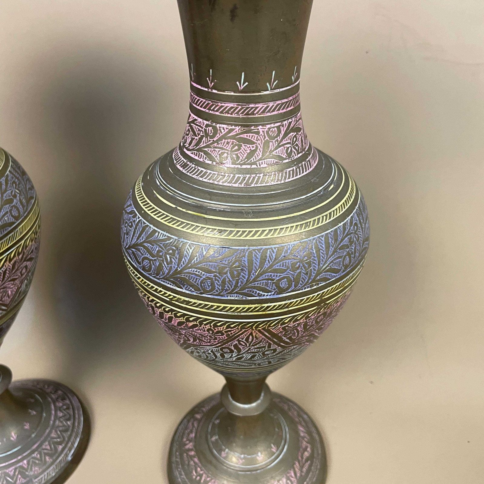 Pair Of Antique Metal Gold Indian Patterned Brass Plant Pot Vase Jardiniere Handmade Engraved Etched Intricate Vintage Decorative Asian photo 79.0