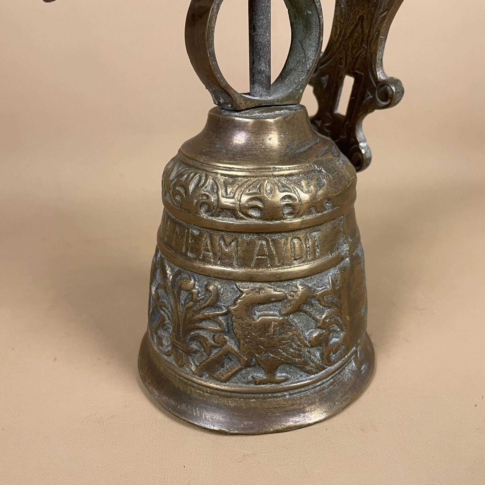 Antique Wall Mounted Metal Brass Gold Bell Ringer Vintage Bracket Door Monastery Brass Hanging Ornate Pattern Cottage Outdoor Aged Patina photo 135.0