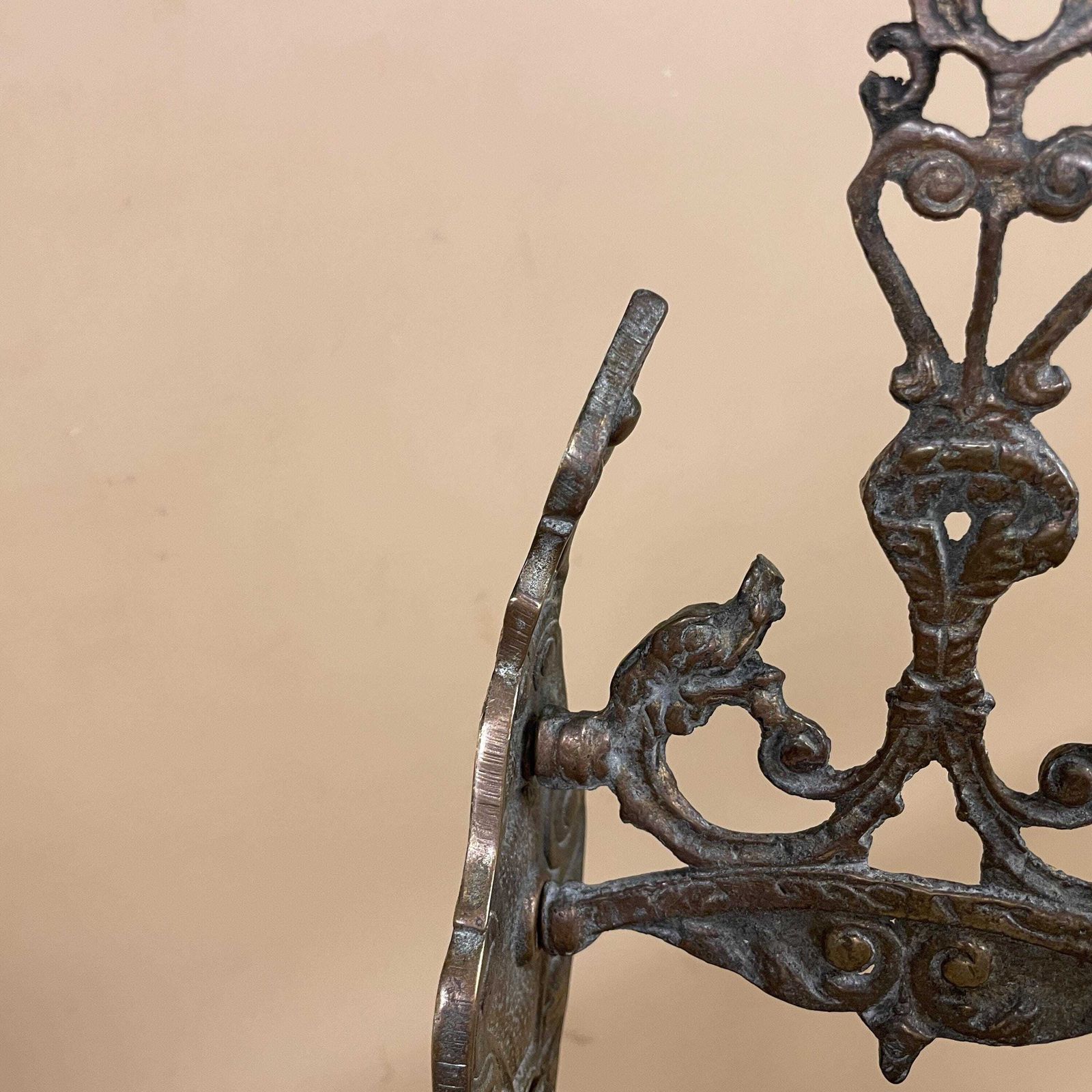 photo for sale Antique Wall Mounted Metal Brass Gold Bell Ringer Vintage Bracket Door Monastery Brass Hanging Ornate Pattern Cottage Outdoor Aged Patina