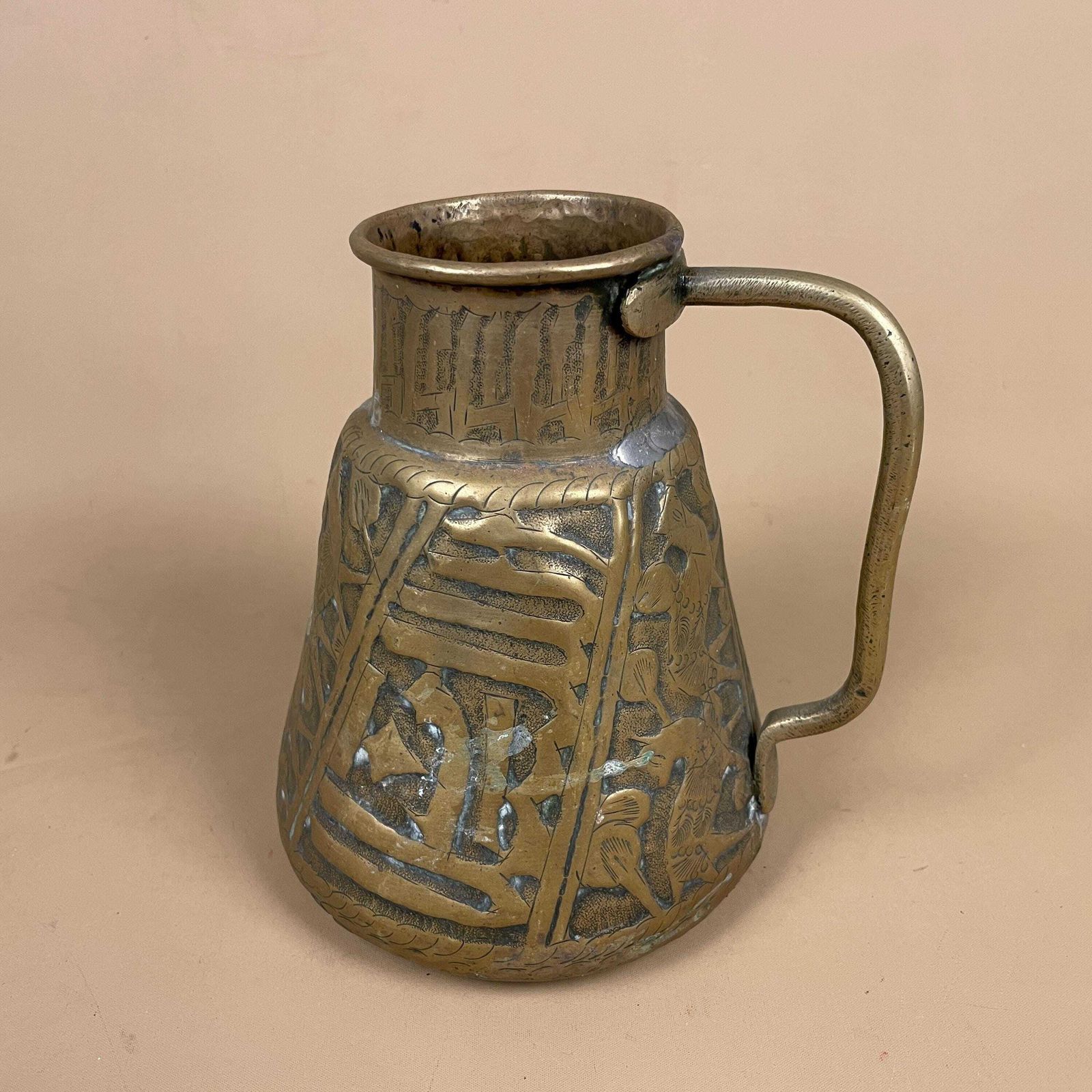 Antique Metal Gold Middle East Patterned Brass Plant Pot Vase Jug Planter Jardiniere Handmade Engraved Etched Intricate Vintage Decorative photo furniture