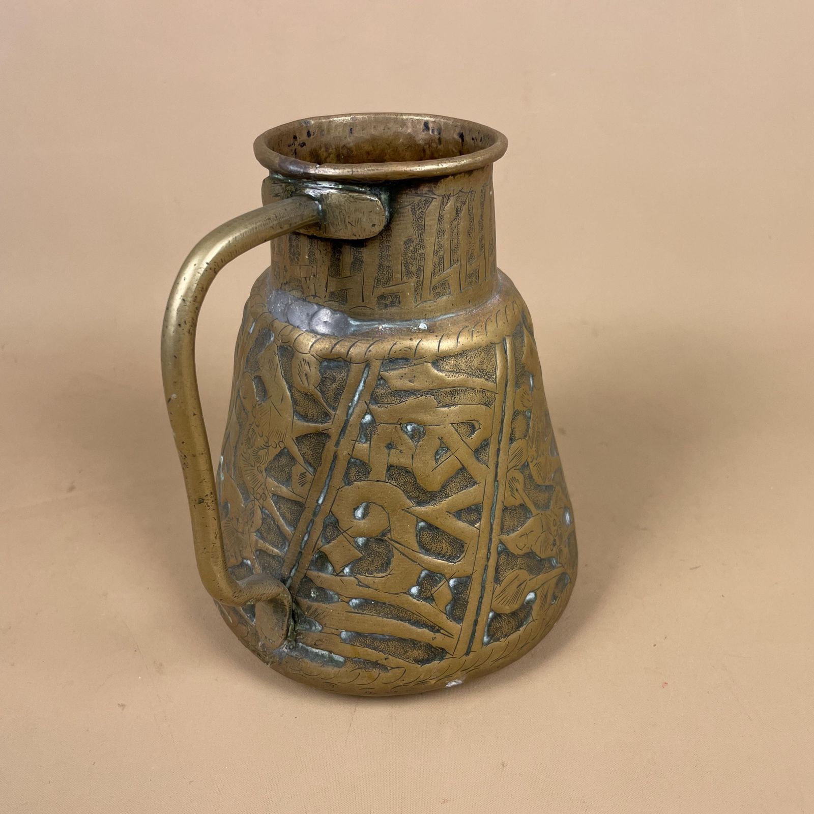 Antique Metal Gold Middle East Patterned Brass Plant Pot Vase Jug Planter Jardiniere Handmade Engraved Etched Intricate Vintage Decorative photo for sale
