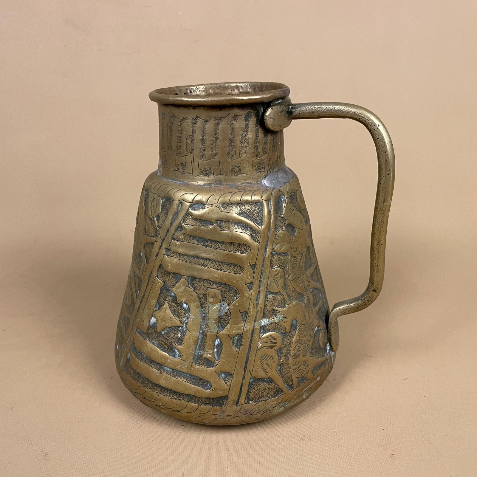 Antique Metal Gold Middle East Patterned Brass Plant Pot Vase Jug Planter Jardiniere Handmade Engraved Etched Intricate Vintage Decorative photo Home Decor
