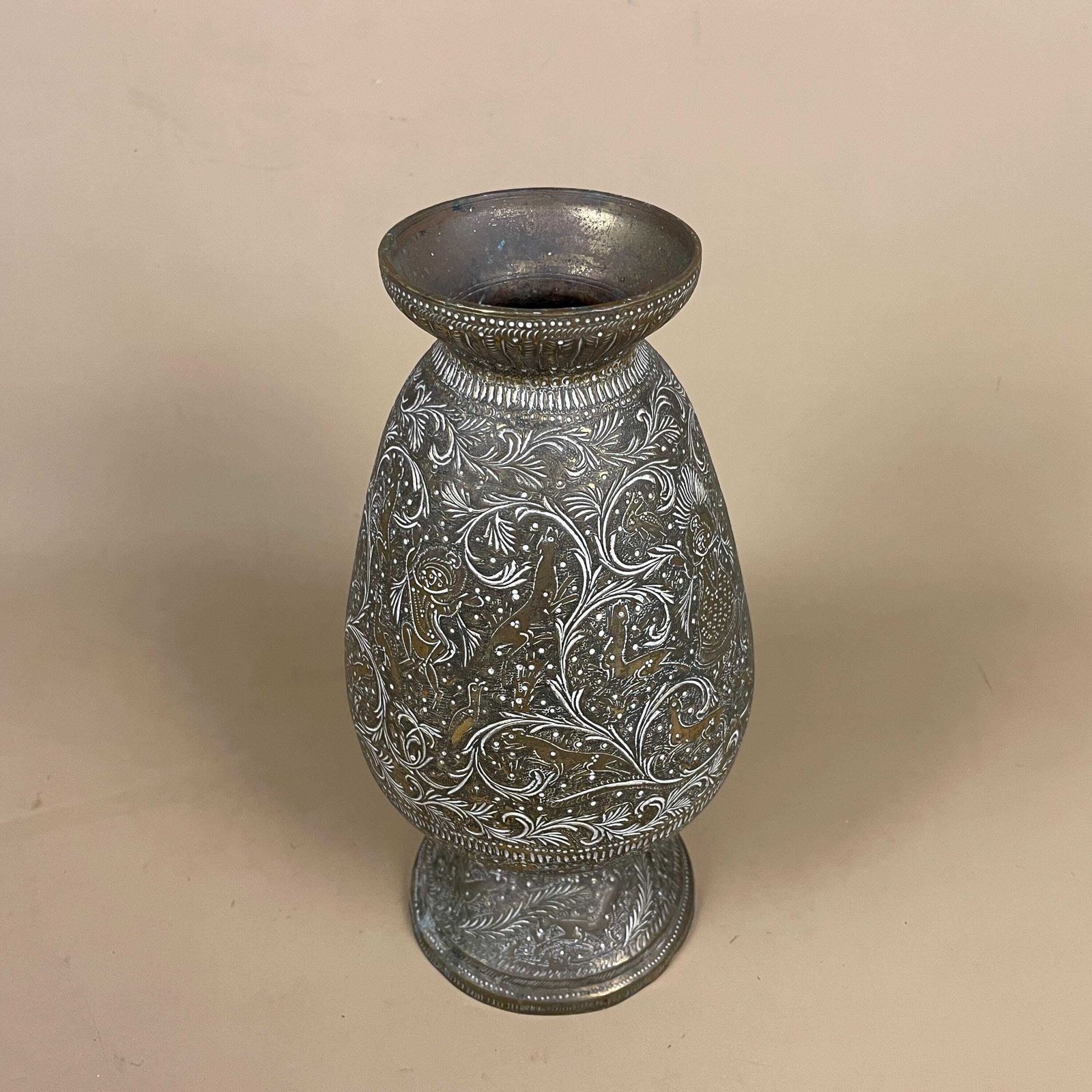 Antique Metal Gold Indian Patterned Brass Plant Pot Vase Jug Planter Jardiniere Handmade Engraved Etched Intricate Vintage Decorative Asian photo furniture