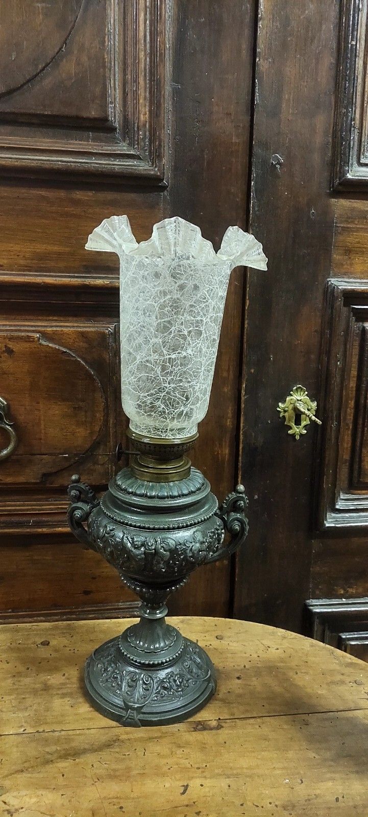 Antique Oil Light 19th Century Antimony Worked Glass Lamp
