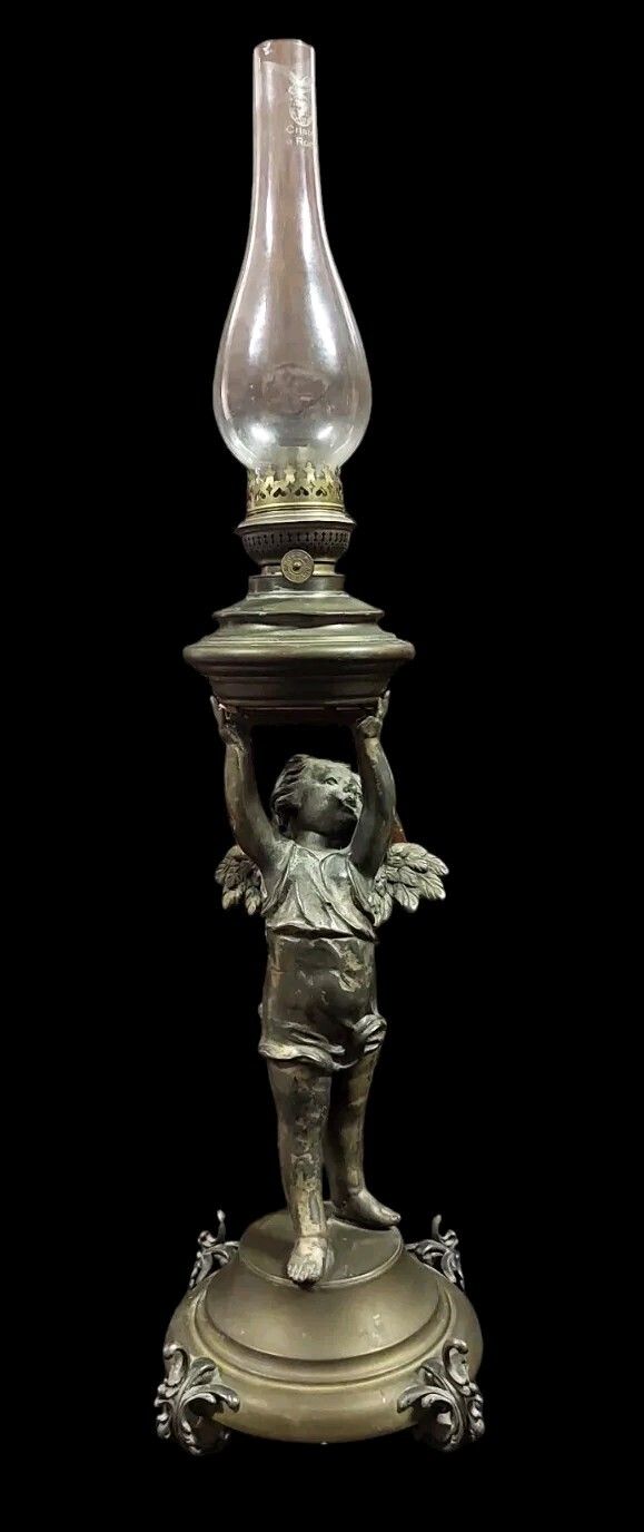 Antique Putto Oil Light 19th Century Antimony Brass Glass photo furniture