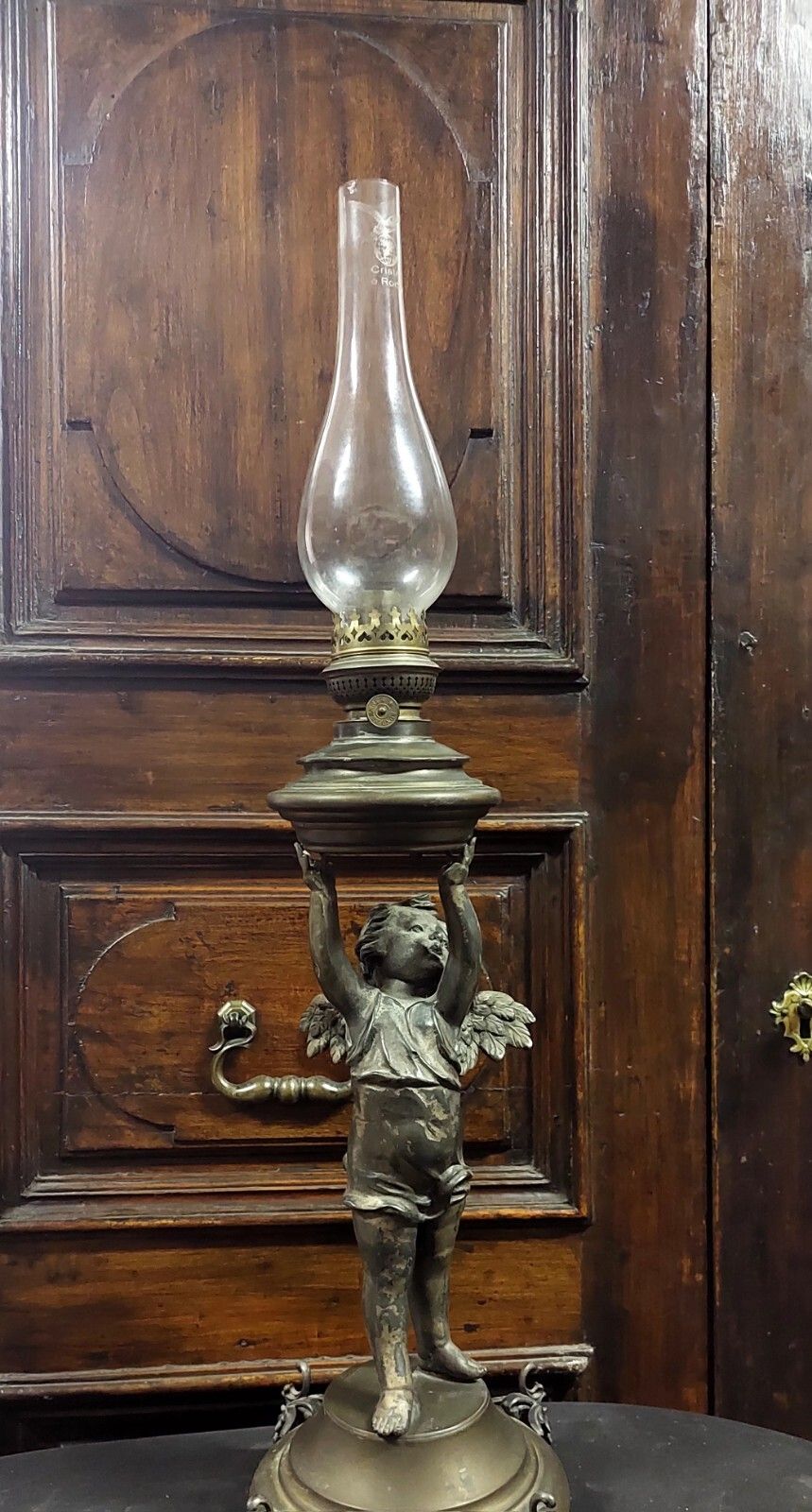 Lighting Antique Putto Oil Light 19th Century Antimony Brass Glass photo