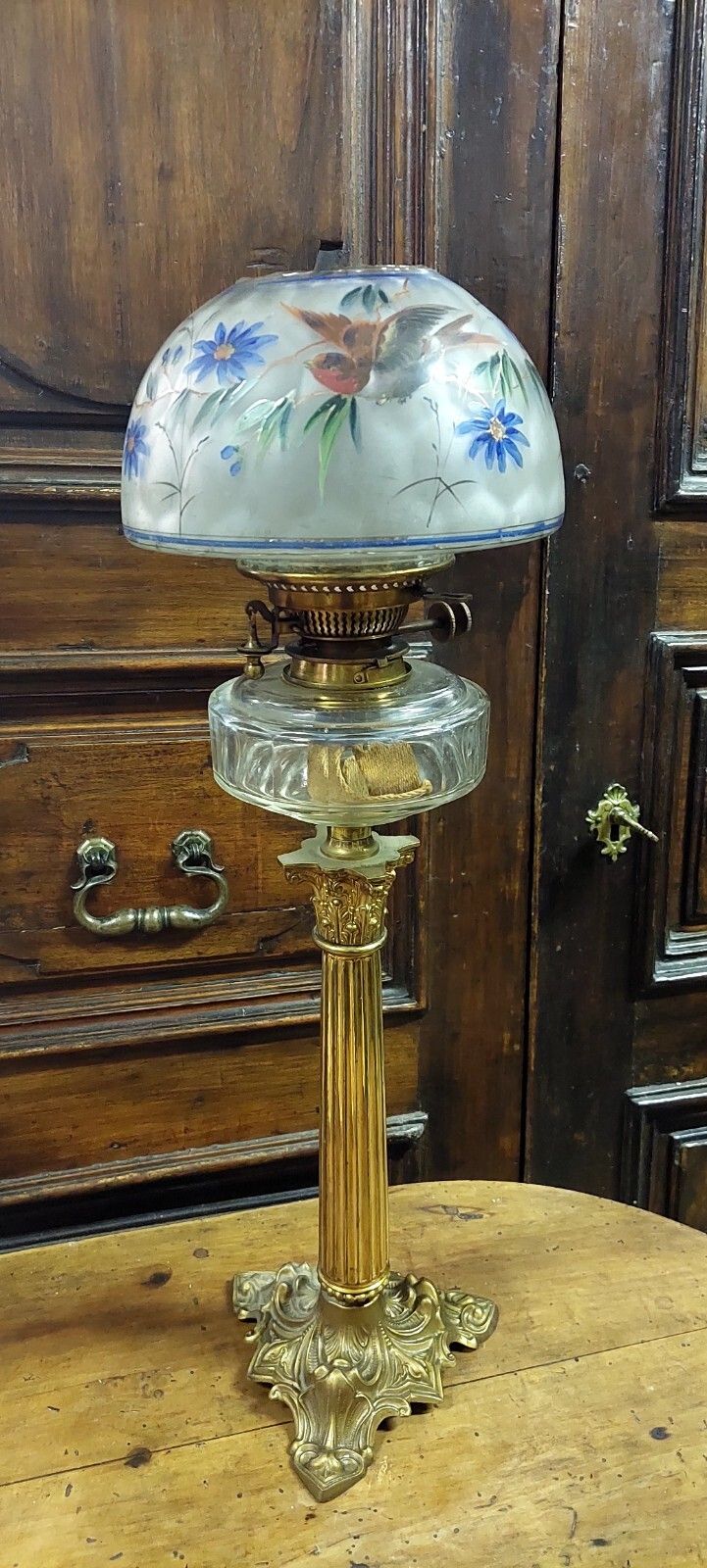 Antique Oil Light Gilded Bronze Painted Glass 19th Century Original photo Lighting