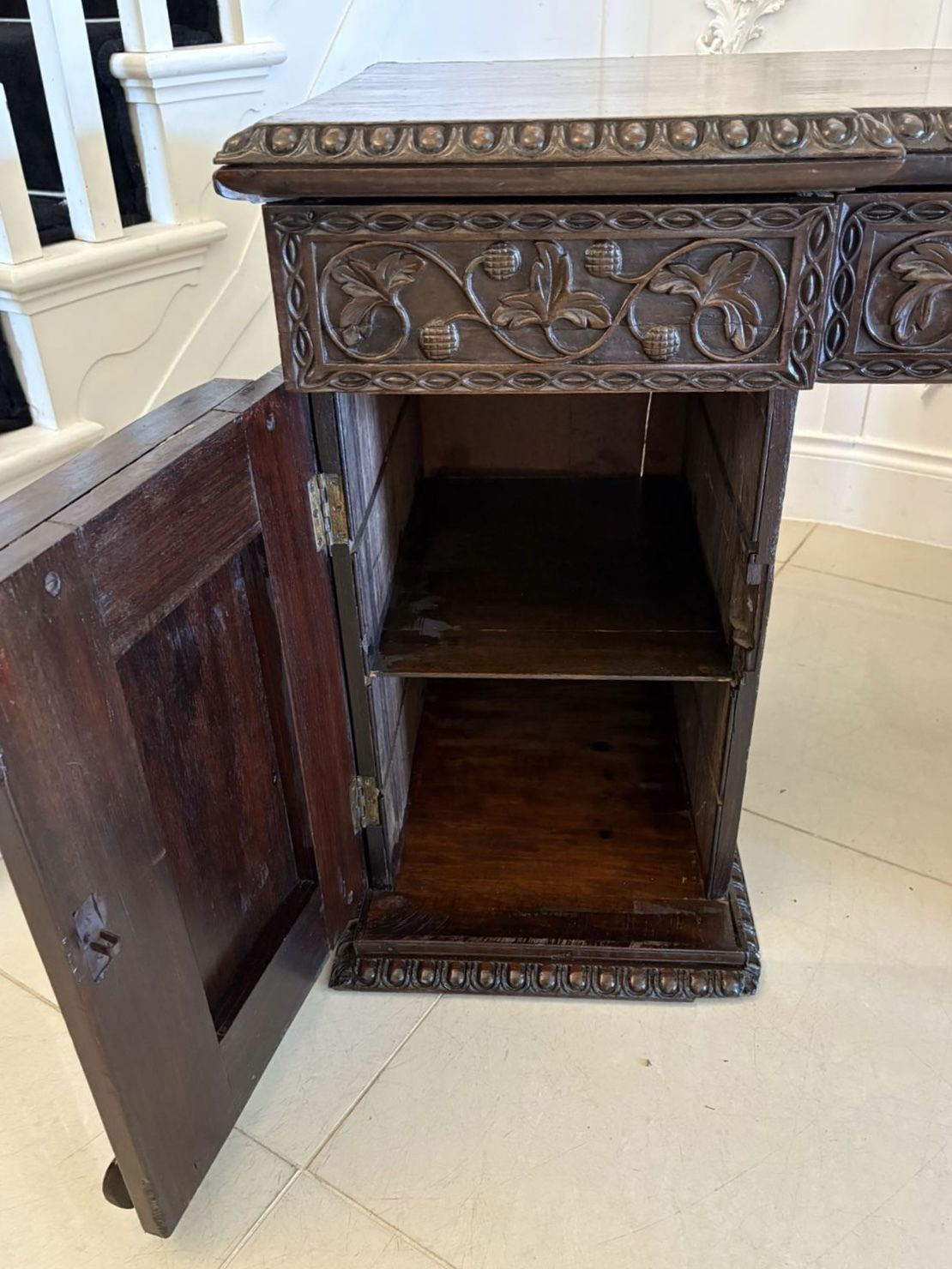 Antique Ornate Small Carved Anglo Indian Padauk Inverted Breakfront Pedestal Sideboard photo for sale