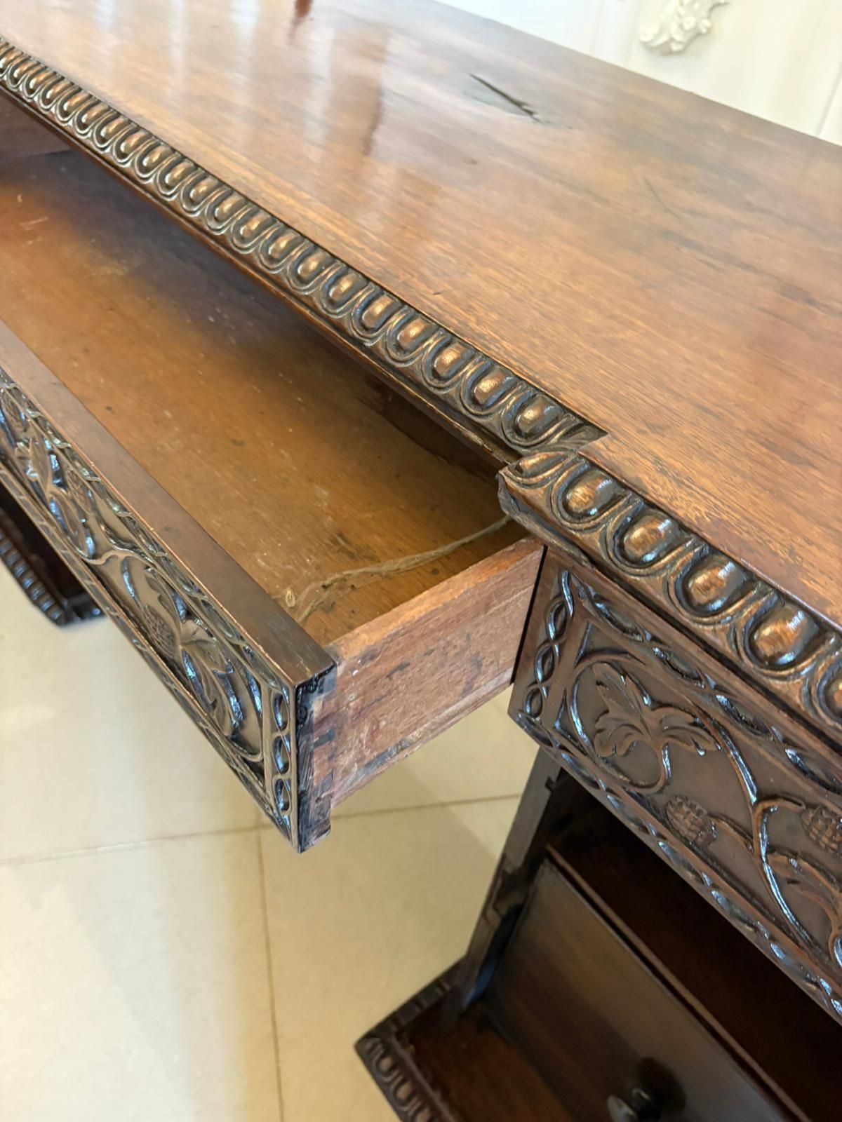 Antique Ornate Small Carved Anglo Indian Padauk Inverted Breakfront Pedestal Sideboard photo 4295.0