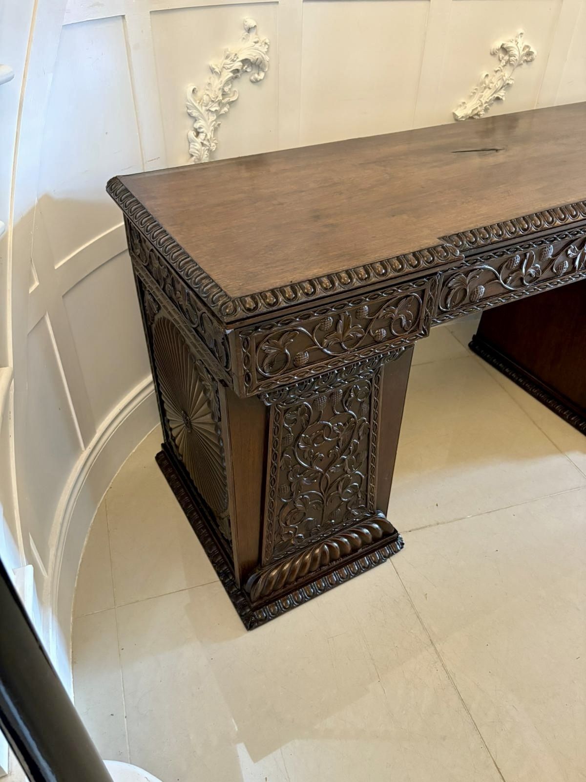 photo for sale Antique Ornate Small Carved Anglo Indian Padauk Inverted Breakfront Pedestal Sideboard