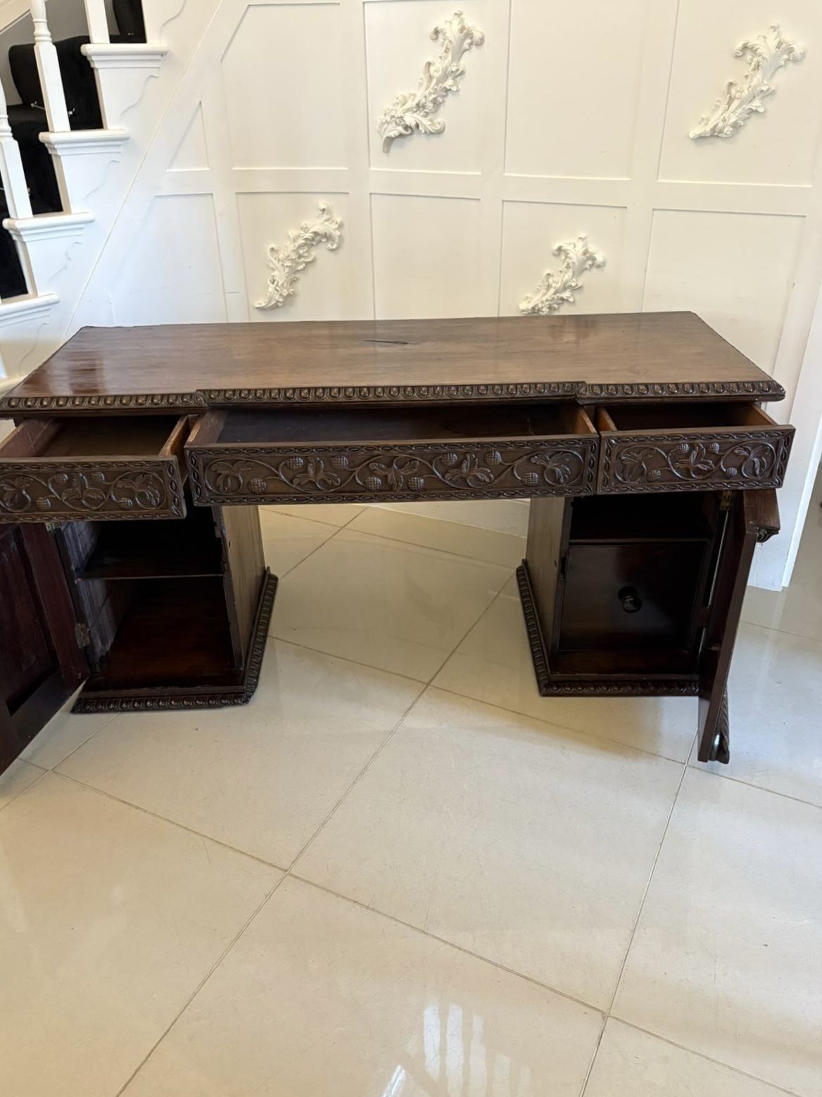 photo vinterior Antique Ornate Small Carved Anglo Indian Padauk Inverted Breakfront Pedestal Sideboard