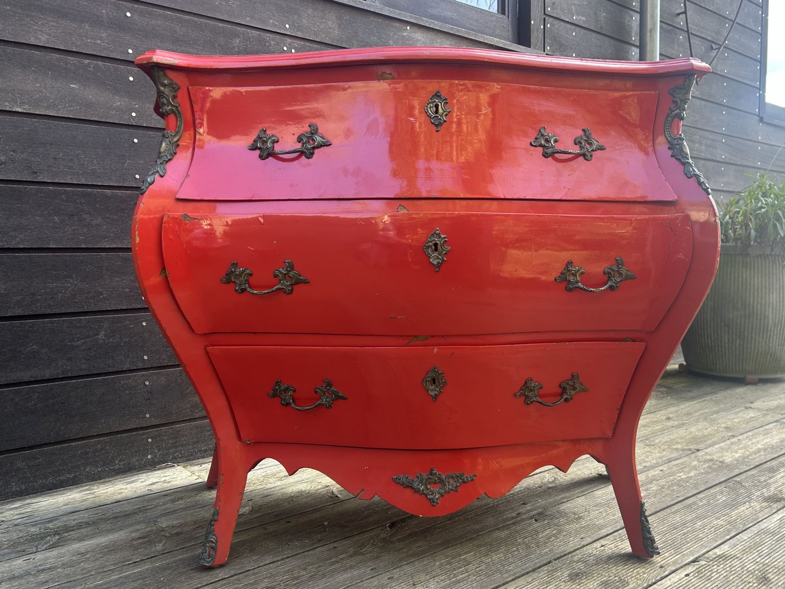 Antique Solid Oak French Bombe Chest Of Drawers