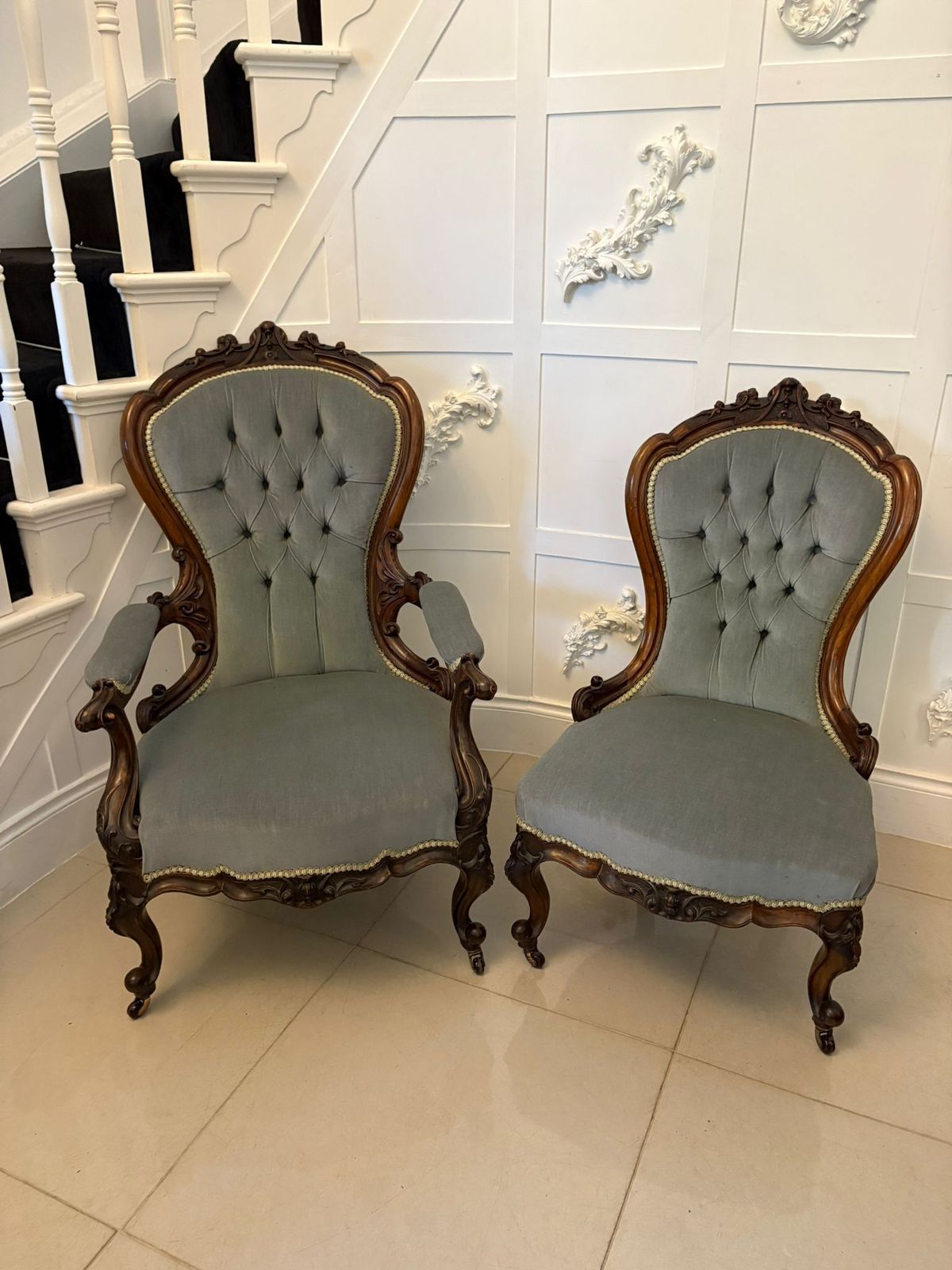 Outstanding Quality Pair Of Antique 19th Century Carved Walnut Ladies And Gentlemen’s Chairs