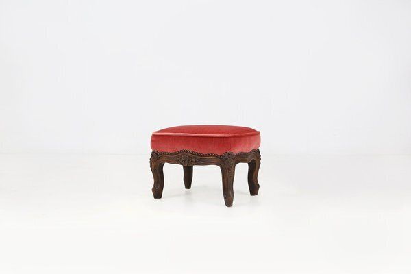 Baroque Ottoman In Carved Wood With Coral Velvet Upholstery, 1950s