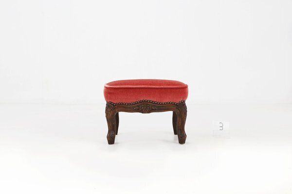 Baroque Ottoman In Carved Wood With Coral Velvet Upholstery, 1950s photo for sale
