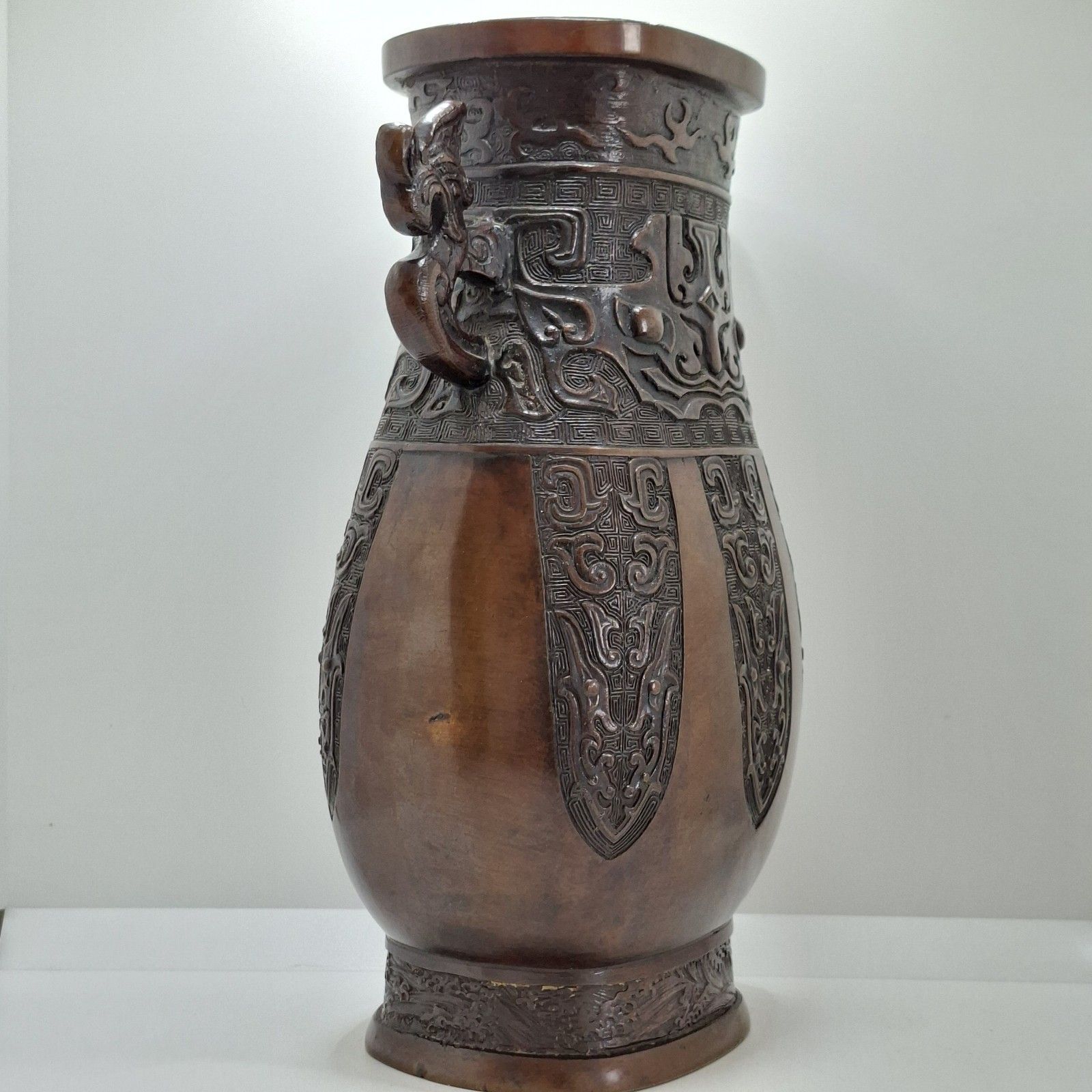 Chinese Bronze Twin Handled Hu Vase Archaistic Qing Large Antique photo furniture