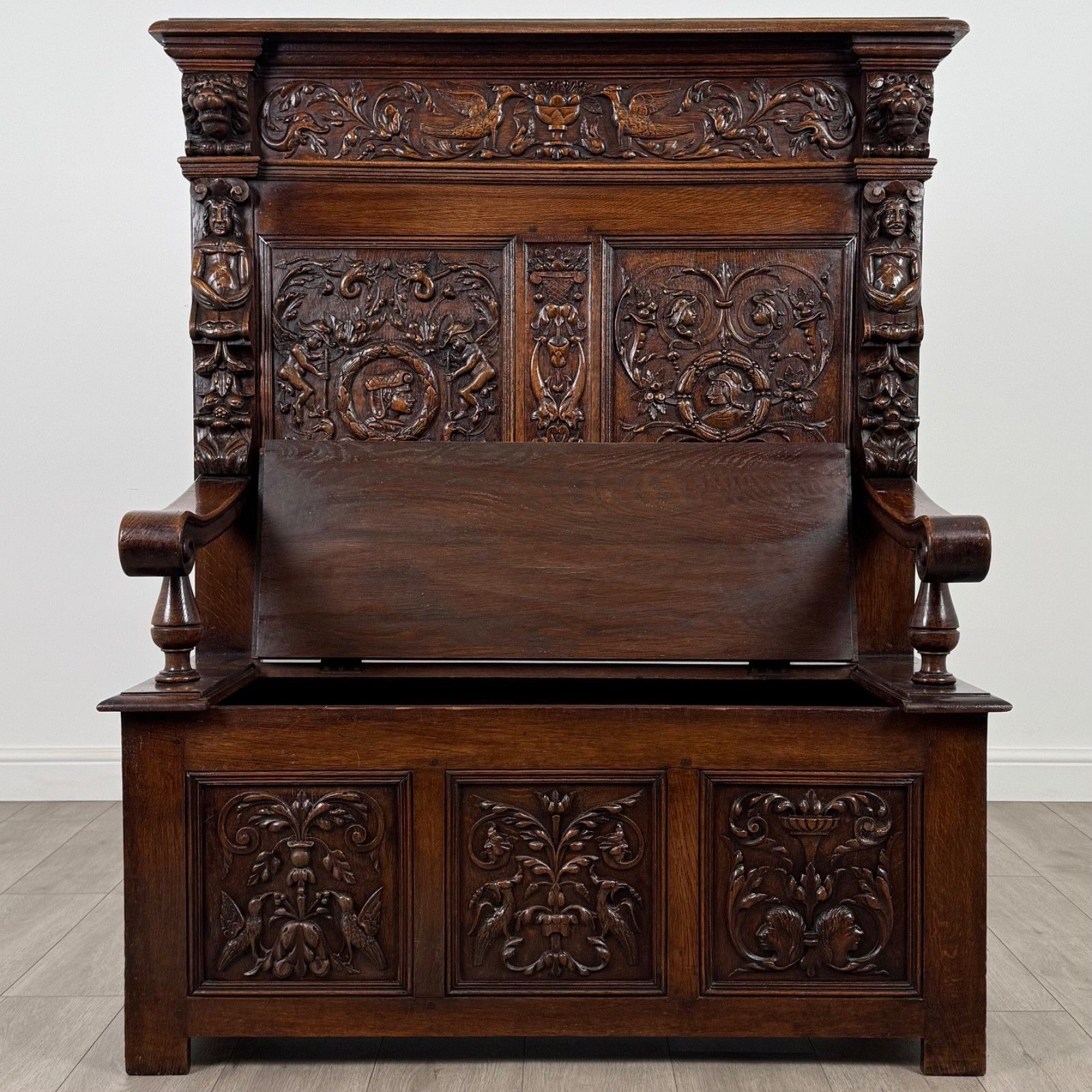 Antique 19th Century Finest Quality Carved Oak Settle photo furniture