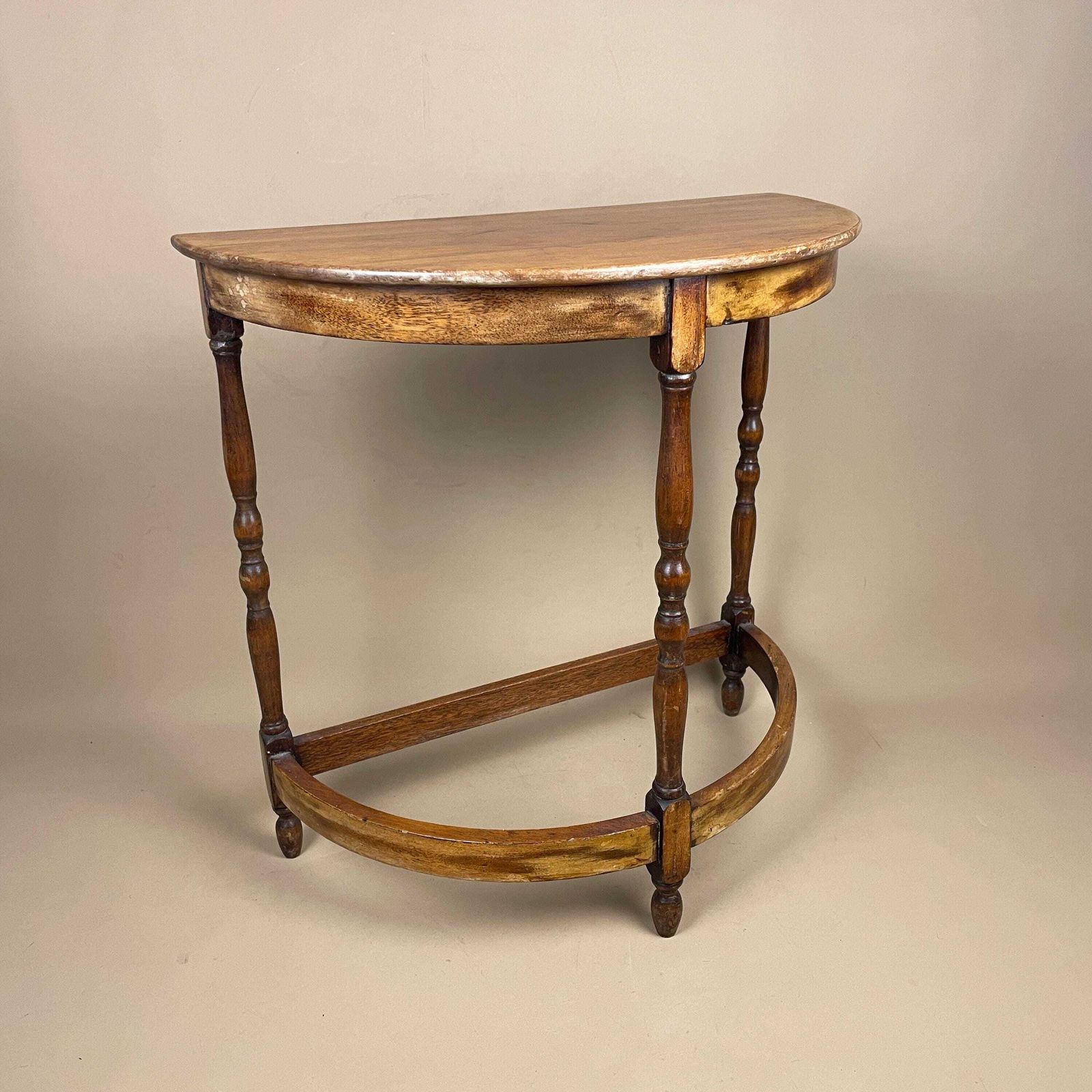 Vintage Semi Circle Console Table 1960s Brown Wooden Side Hallway Plant Stand Display Table Mid Century photo for sale