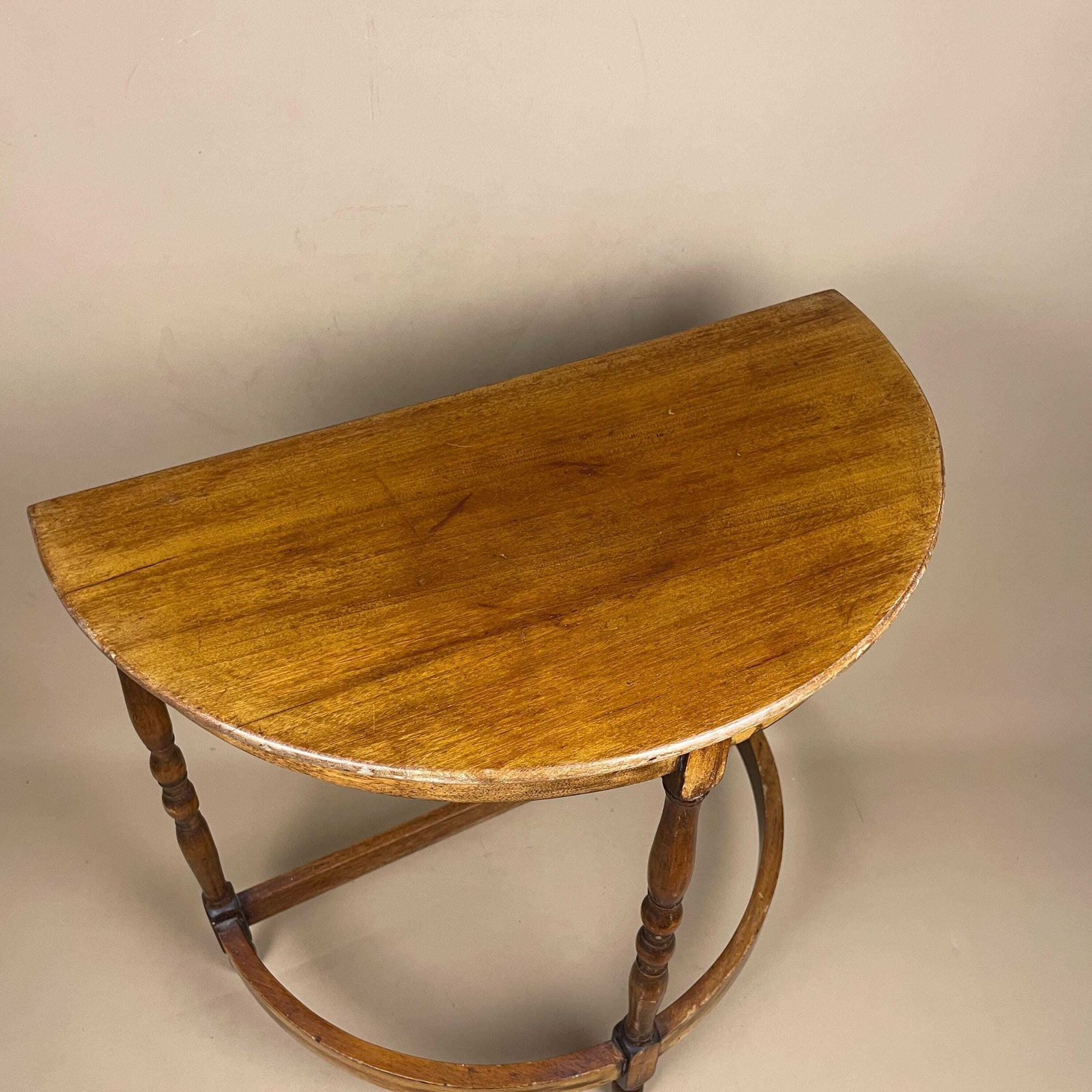 Vintage Semi Circle Console Table 1960s Brown Wooden Side Hallway Plant Stand Display Table Mid Century photo vinterior