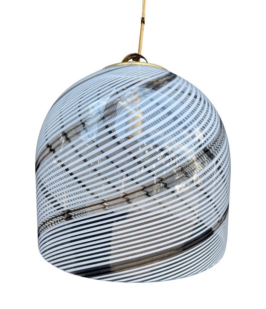 photo for sale An Italian 1970s Large Murano Swirl Glass Pendant Light By Venini With Brass Top And Ceiling Rose.