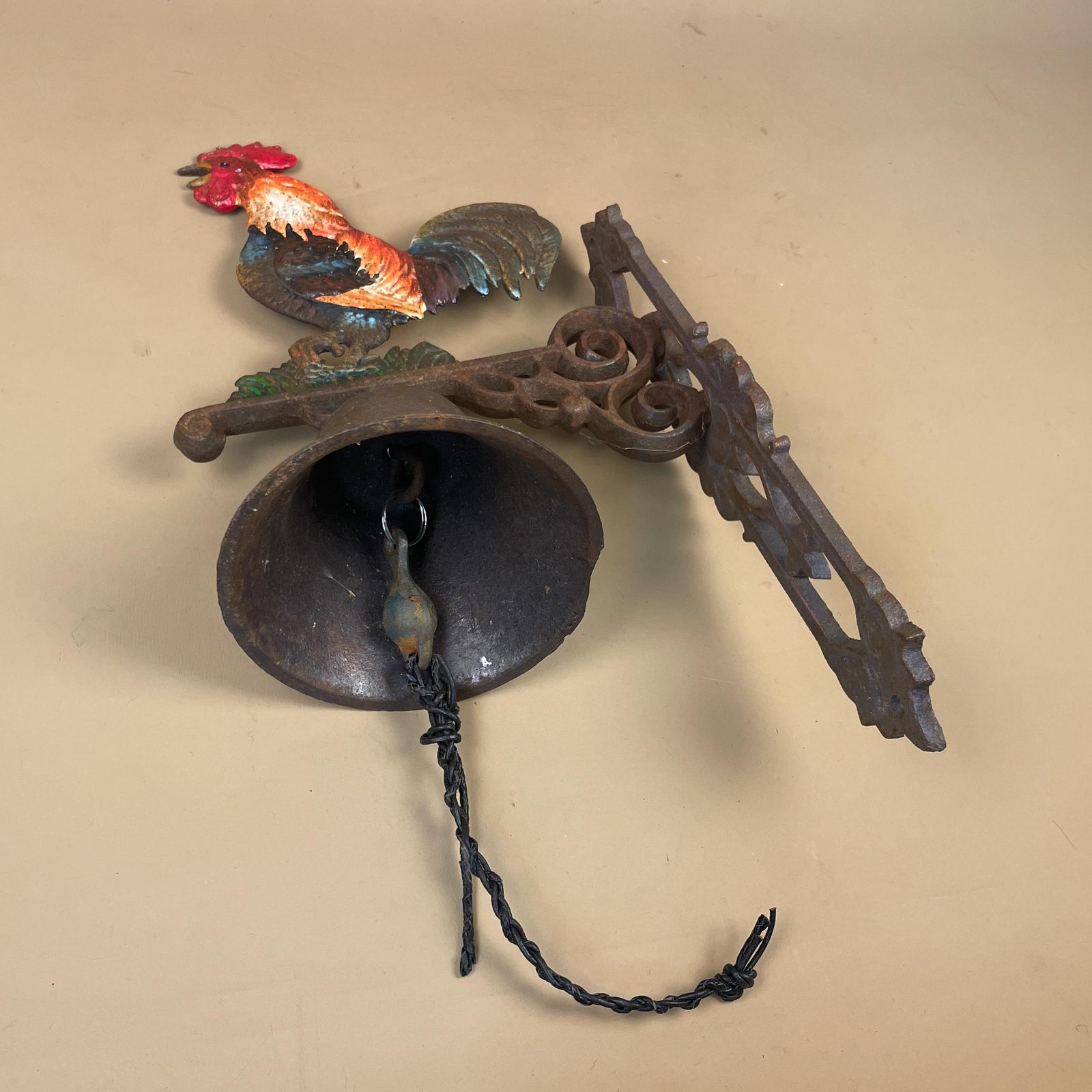 Antique Wall Mounted Metal Rooster Bell Ringer Vintage Bracket Door Cast Iron Wrought Hanging Cockerel Cottage Outdoor Aged Leather photo vintage