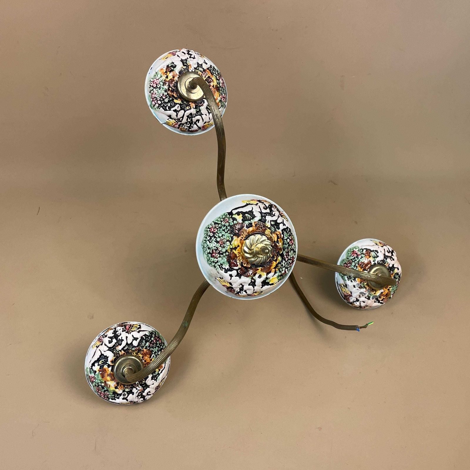 Antique Ceiling Capodimonte Italy Light Gold Brass Metal Chandelier Vintage Classic Pendent Hanging Chain 3 Arms Cherub Patterned Hanging photo vintage