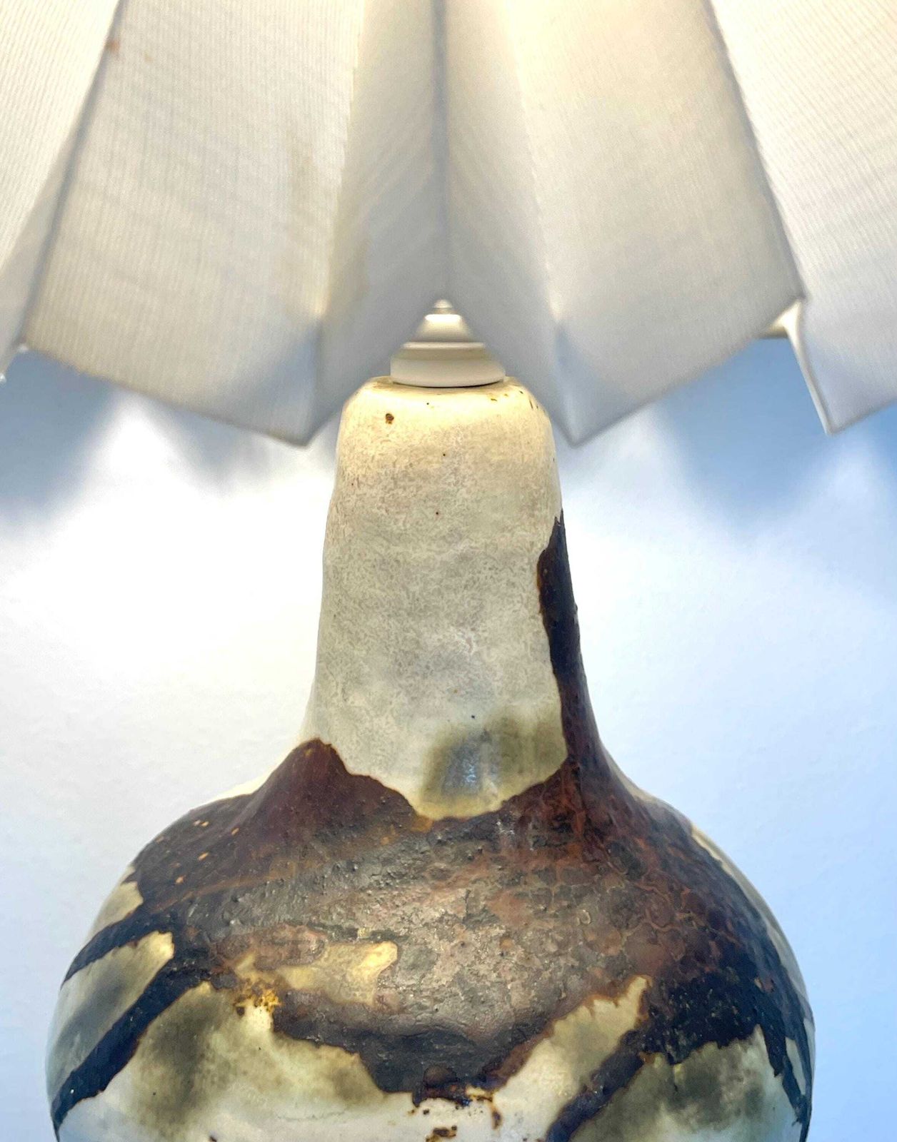 Vintage Ceramic Danish Mid Century Design Chunky Table Lamp In Organic Shape With Gorgeous Earth Toned Glaze And Purple Drum Shade photo for sale