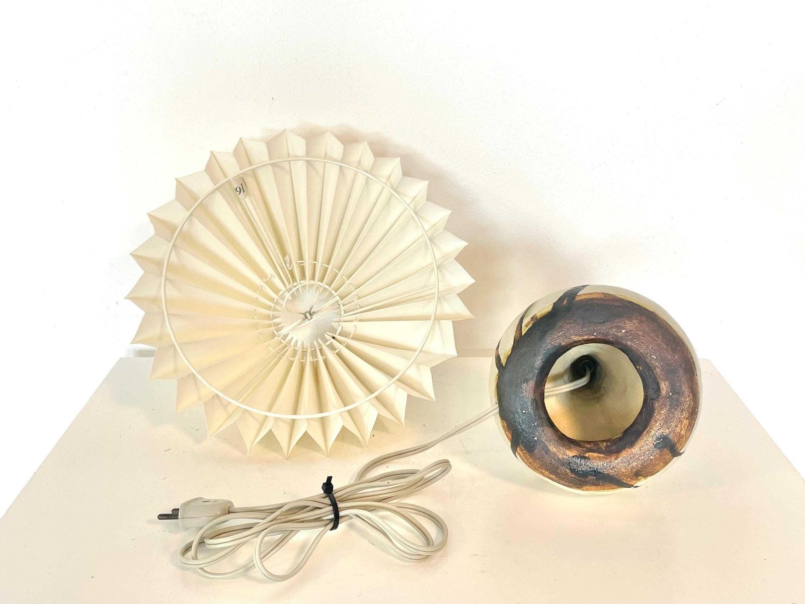 photo furniture Vintage Ceramic Danish Mid Century Design Chunky Table Lamp In Organic Shape With Gorgeous Earth Toned Glaze And Purple Drum Shade