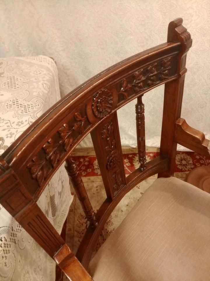 Antique Pair Of Arm Chairs With Wood Carving And Exquisite Upholstery photo for sale
