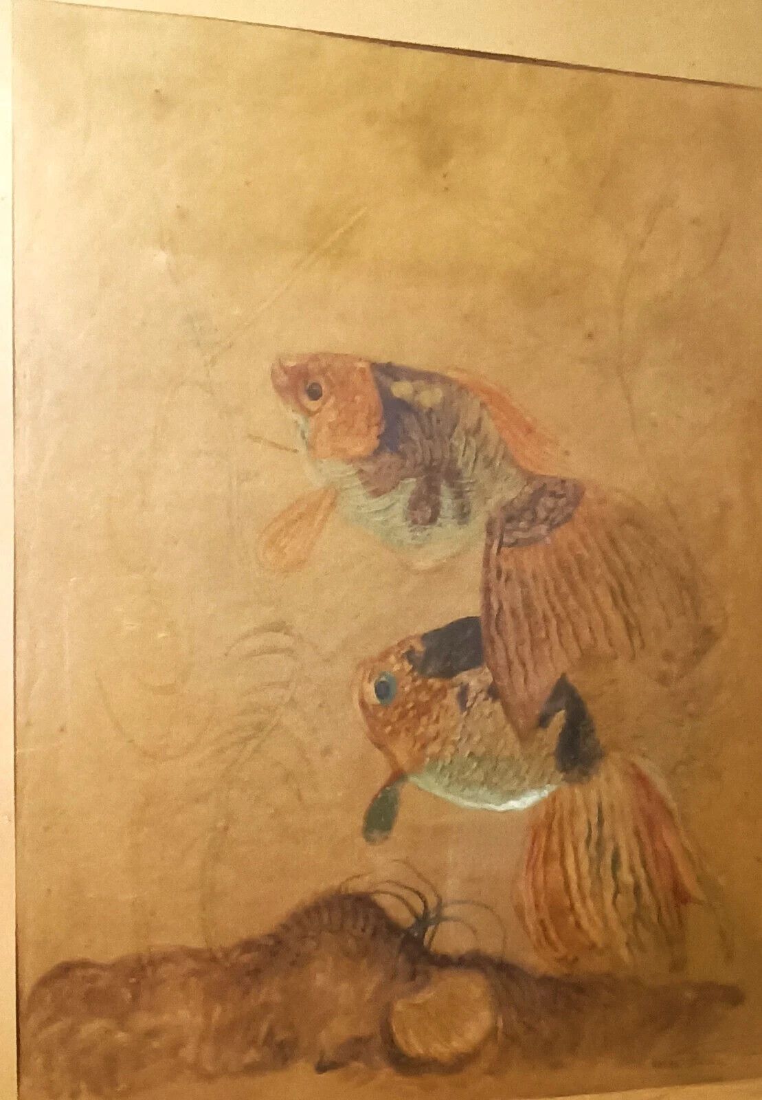 Mixed Media Painting Fish Silvio Polloni (Florence 1888 1972) Wooden Frame photo furniture