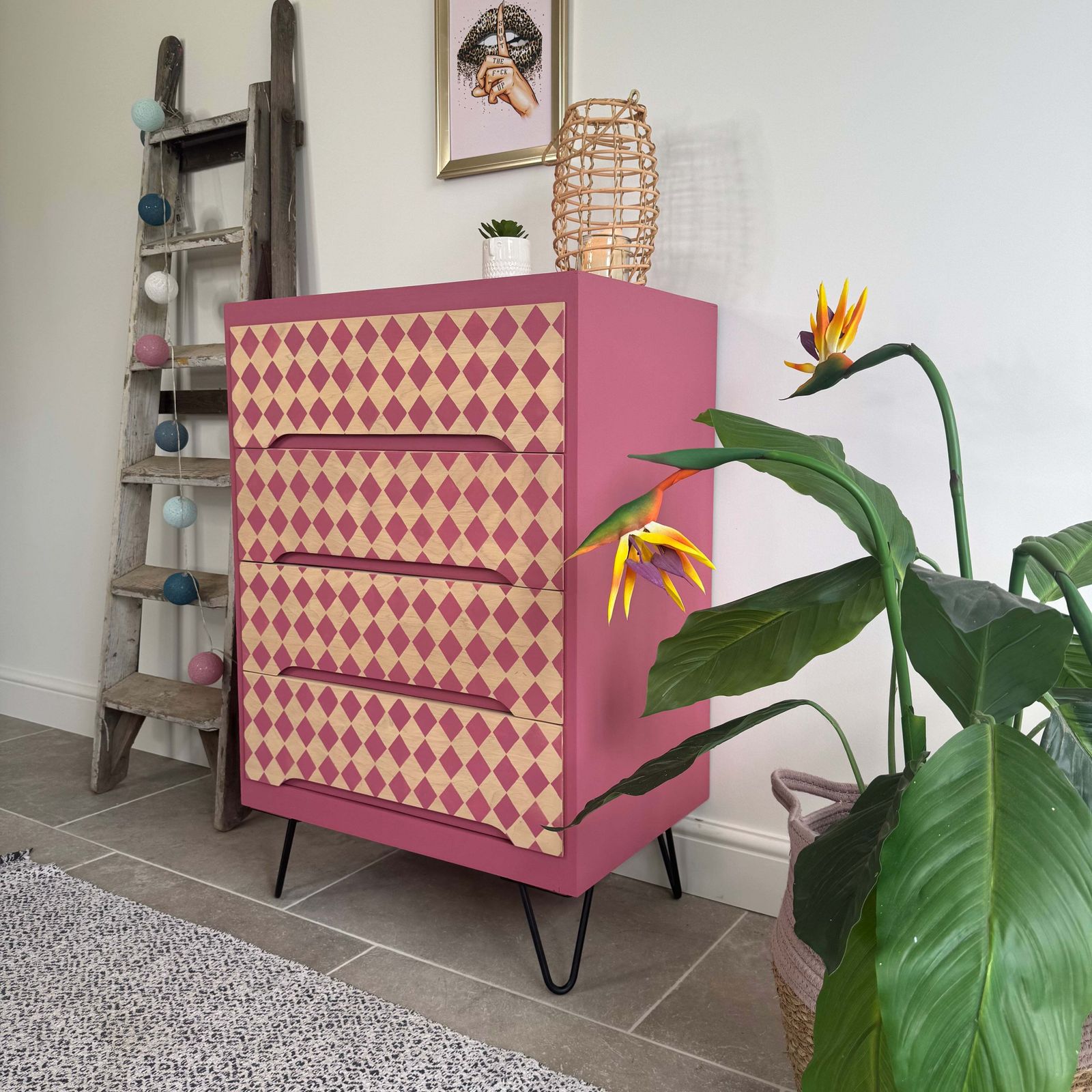 Bright Pink Retro Patterned Chest Of Drawers photo furniture