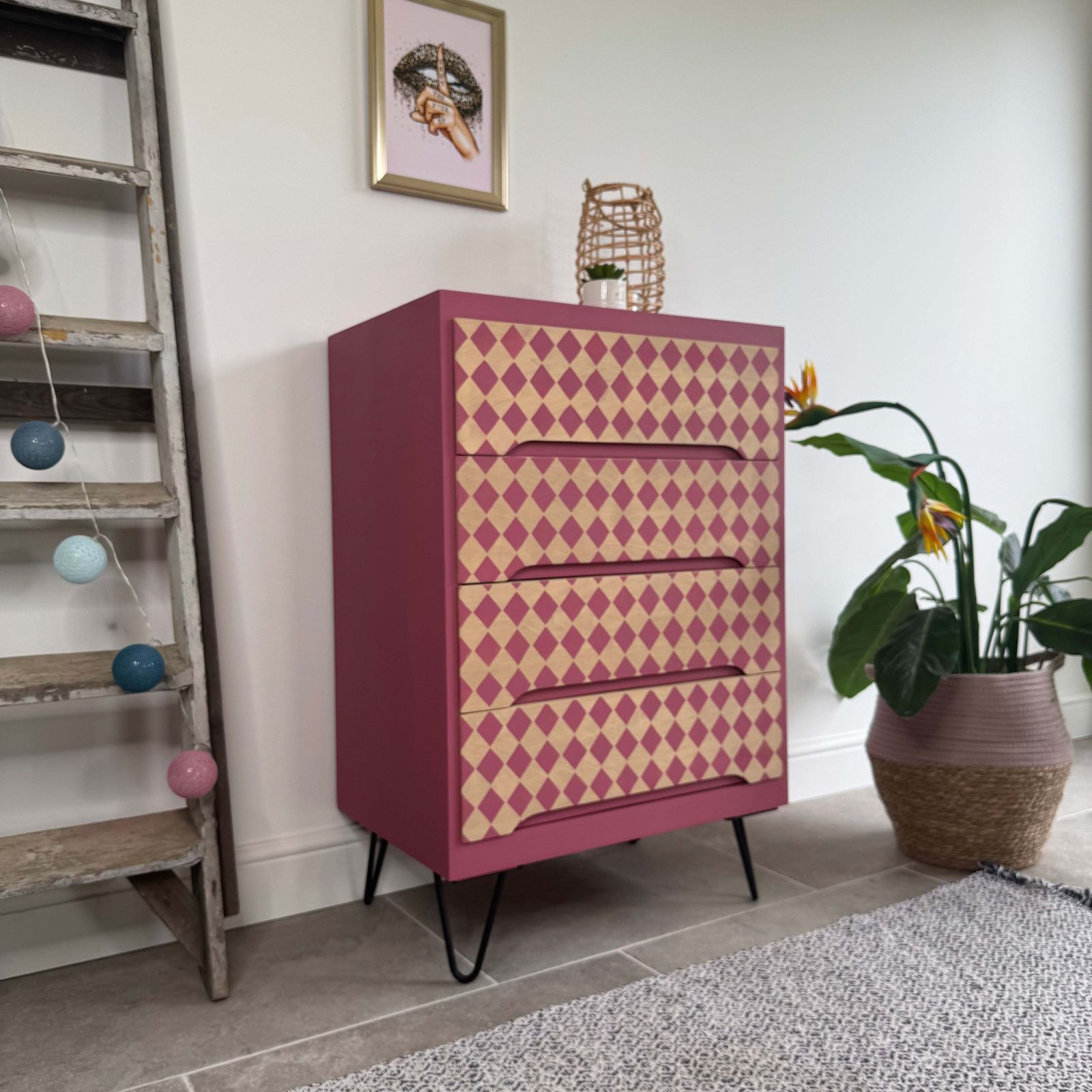 Bright Pink Retro Patterned Chest Of Drawers photo for sale