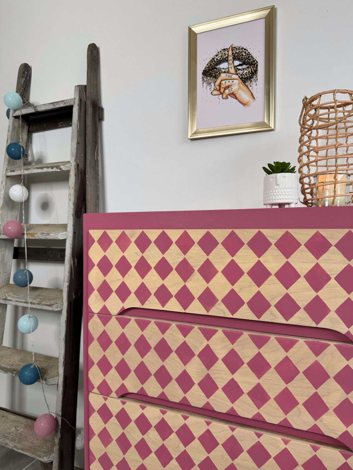 Bright Pink Retro Patterned Chest Of Drawers photo Furniture